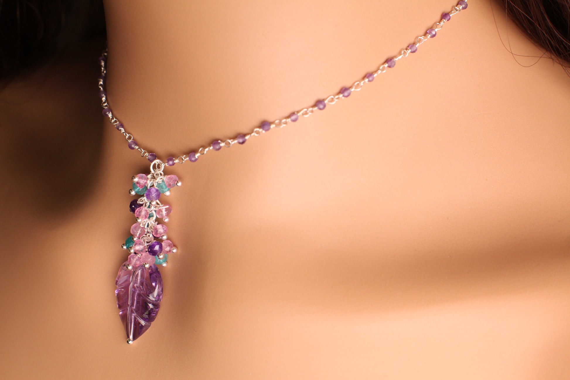 Carved Amethyst Leaf Pendant, Apatite, Garnet, Pink Topaz, Amethyst Clusters, 925 Sterling Silver Wire Wrapped Beaded Chain Necklace