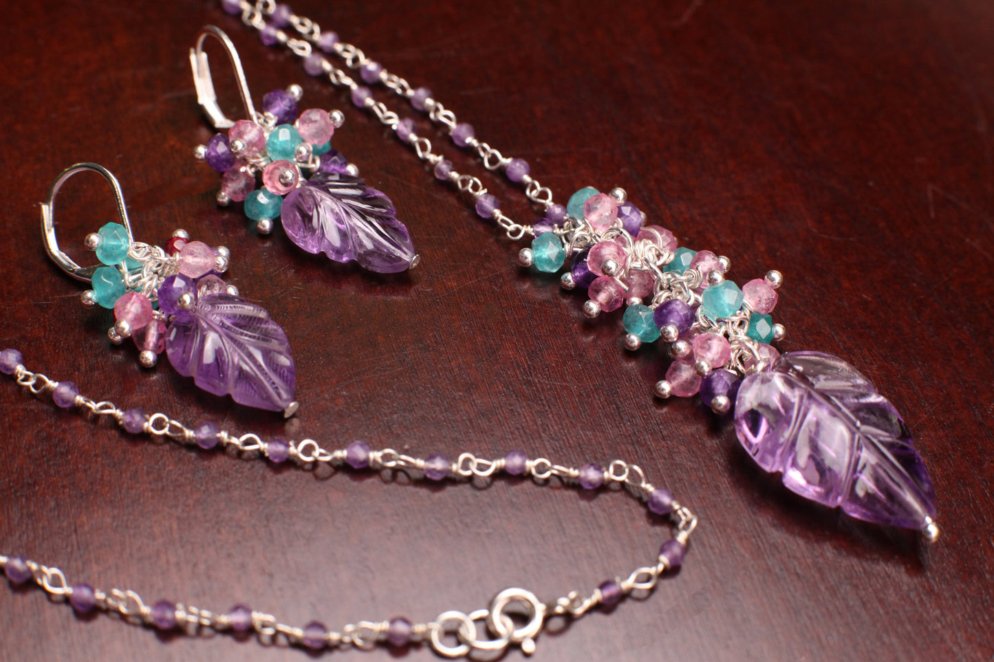 Carved Amethyst Leaf Pendant, Apatite, Garnet, Pink Topaz, Amethyst Clusters, 925 Sterling Silver Wire Wrapped Beaded Chain Necklace