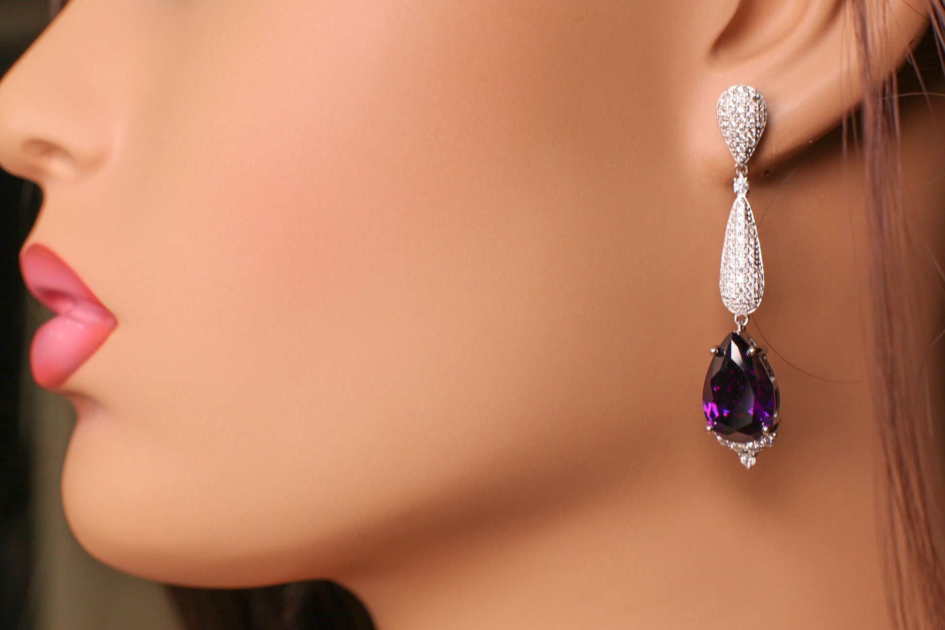 Amethyst 10x14 Teardrop, 925 Sterling Silver High Quality Cubic Zirconia CZ diamonds Dangling Post Earring, 925 stamped February Birthstone