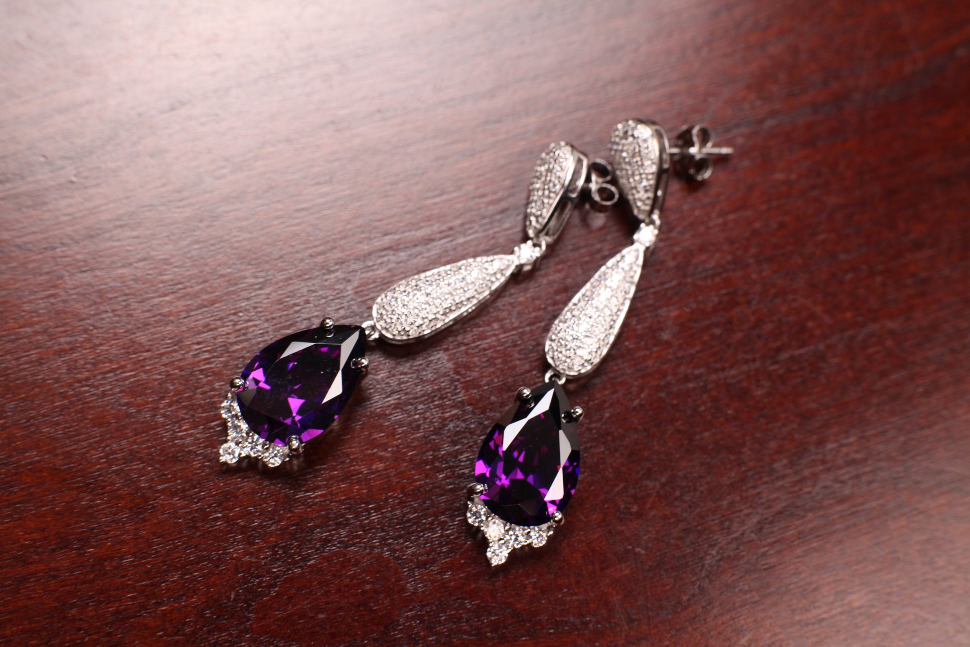 Amethyst 10x14 Teardrop, 925 Sterling Silver High Quality Cubic Zirconia CZ diamonds Dangling Post Earring, 925 stamped February Birthstone