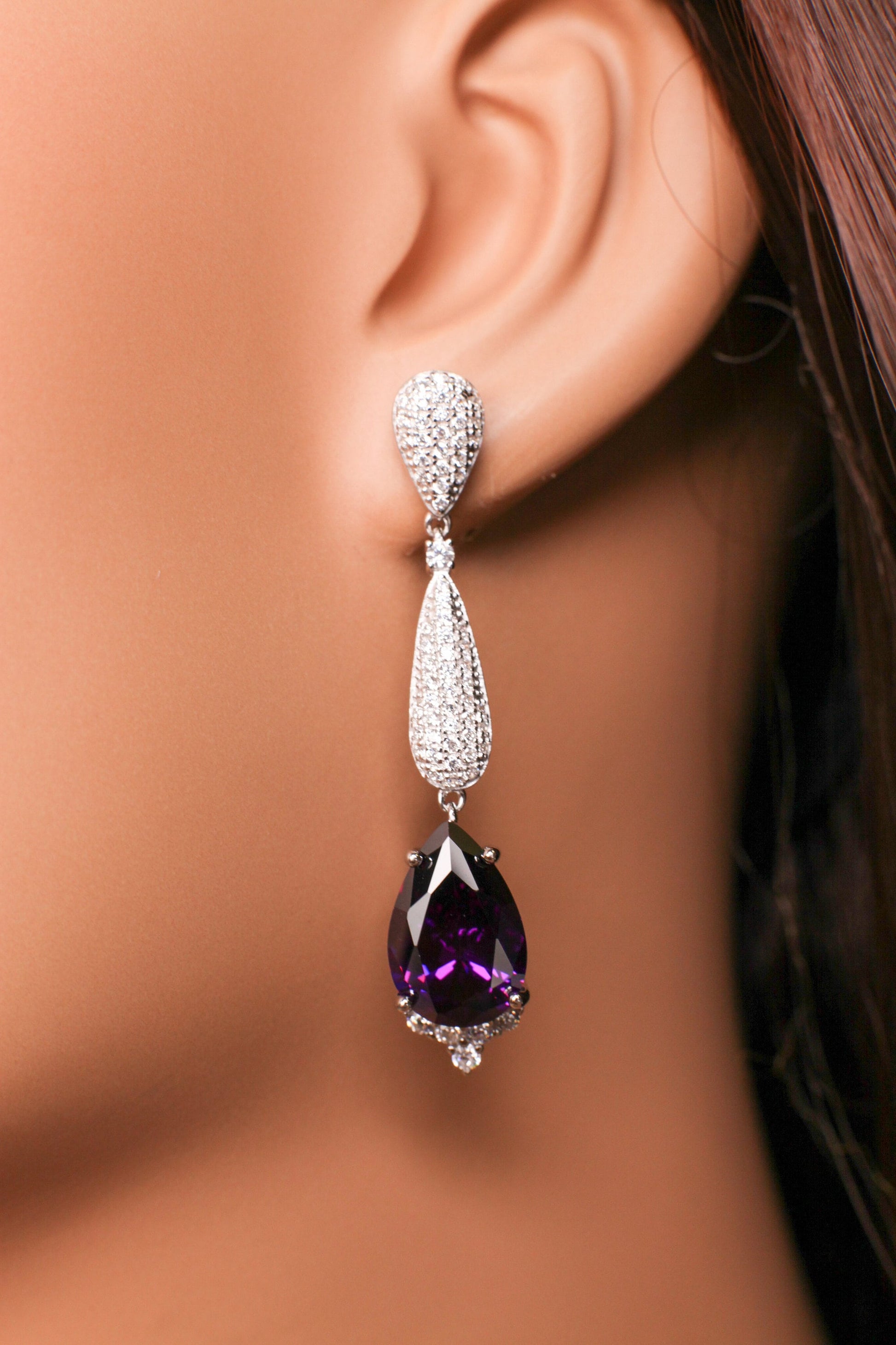 Amethyst 10x14 Teardrop, 925 Sterling Silver High Quality Cubic Zirconia CZ diamonds Dangling Post Earring, 925 stamped February Birthstone