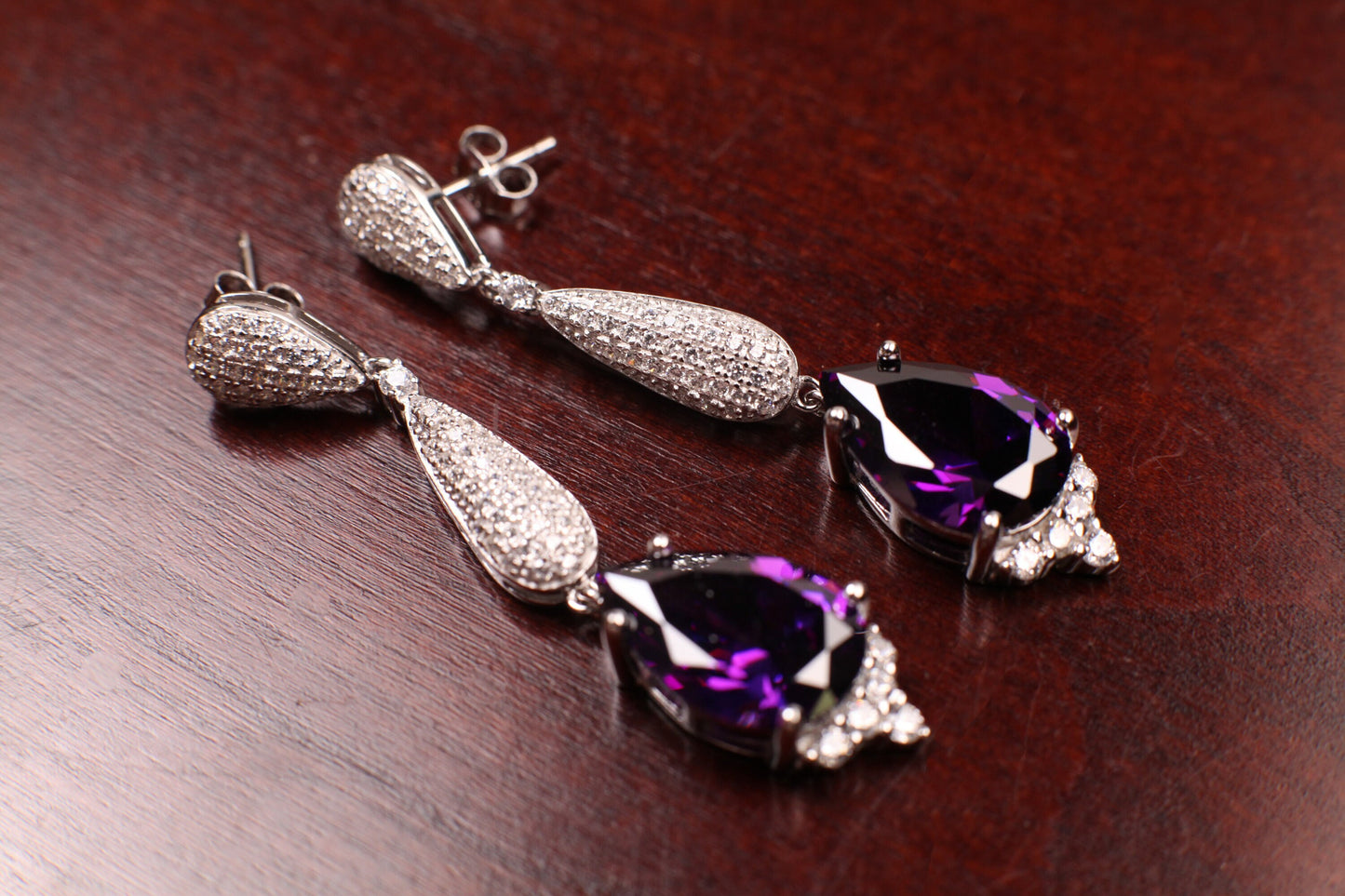 Amethyst 10x14 Teardrop, 925 Sterling Silver High Quality Cubic Zirconia CZ diamonds Dangling Post Earring, 925 stamped February Birthstone