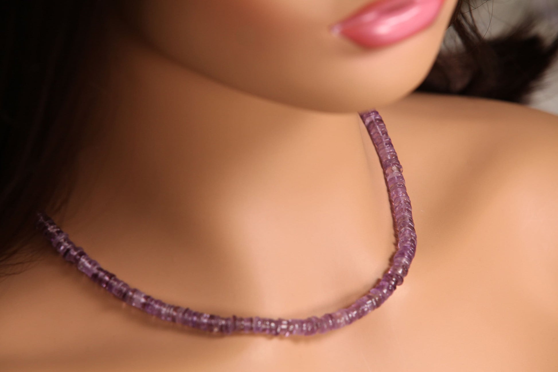 Natural Pink Amethyst Smooth Heishi 6-7mm gemstone silver necklace. Handmade gemstone necklace Yoga