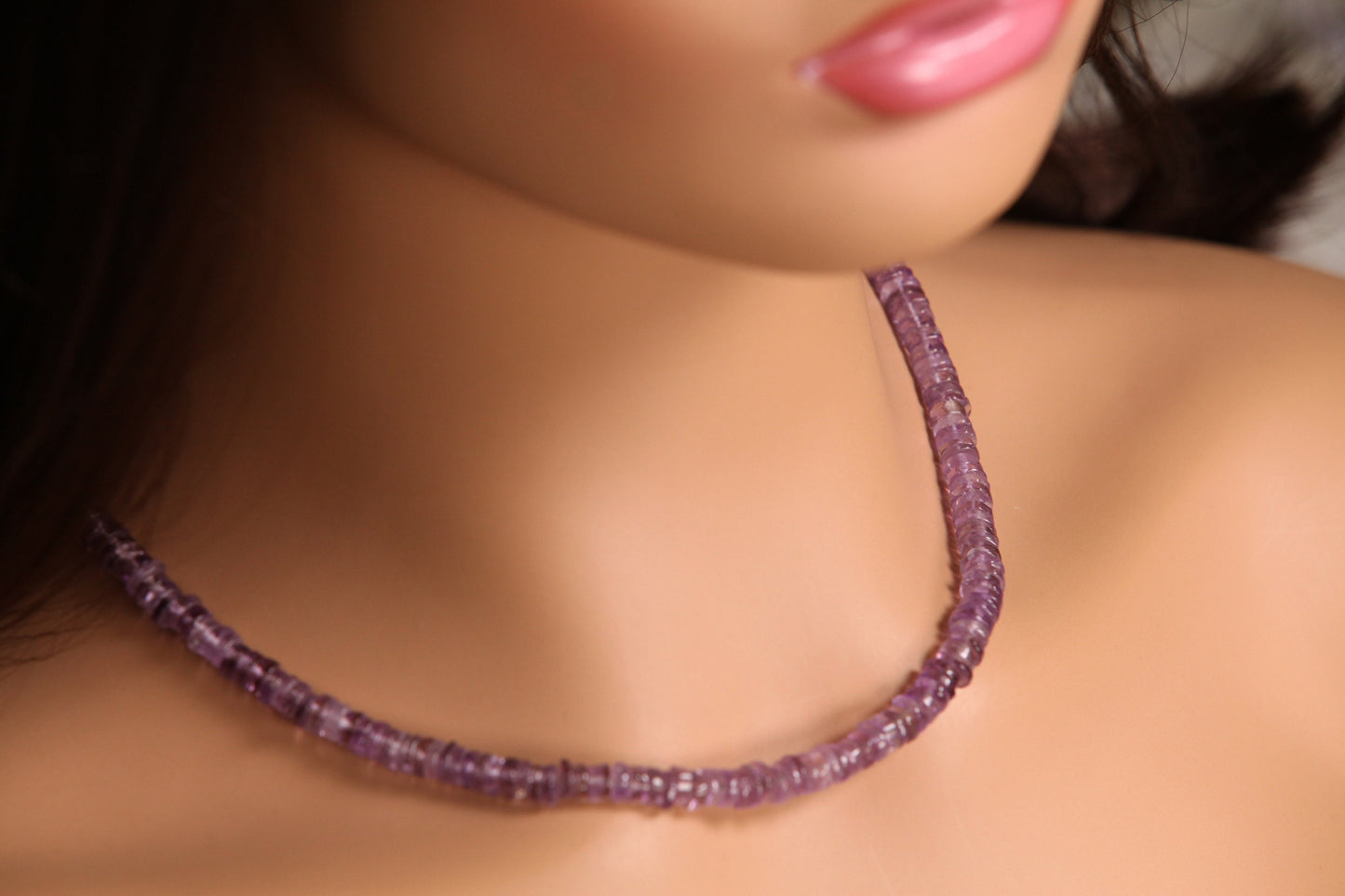 Natural Pink Amethyst Smooth Heishi 5.5-6mm gemstone silver necklace.Protection healing detoxifying gems