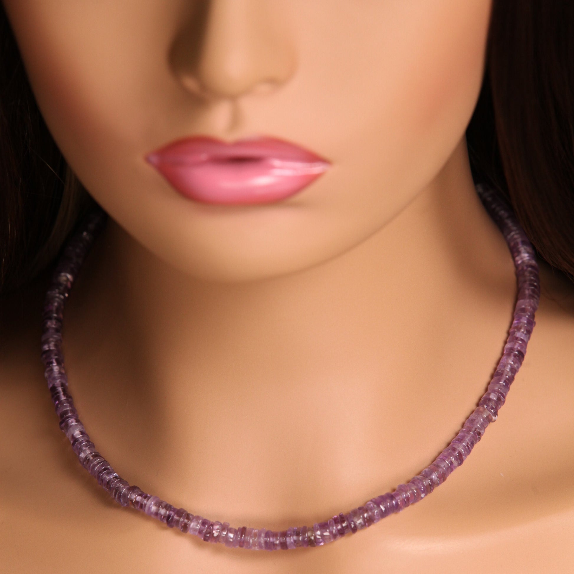 Natural Pink Amethyst Smooth Heishi 5.5-6mm gemstone silver necklace.Protection healing detoxifying gems