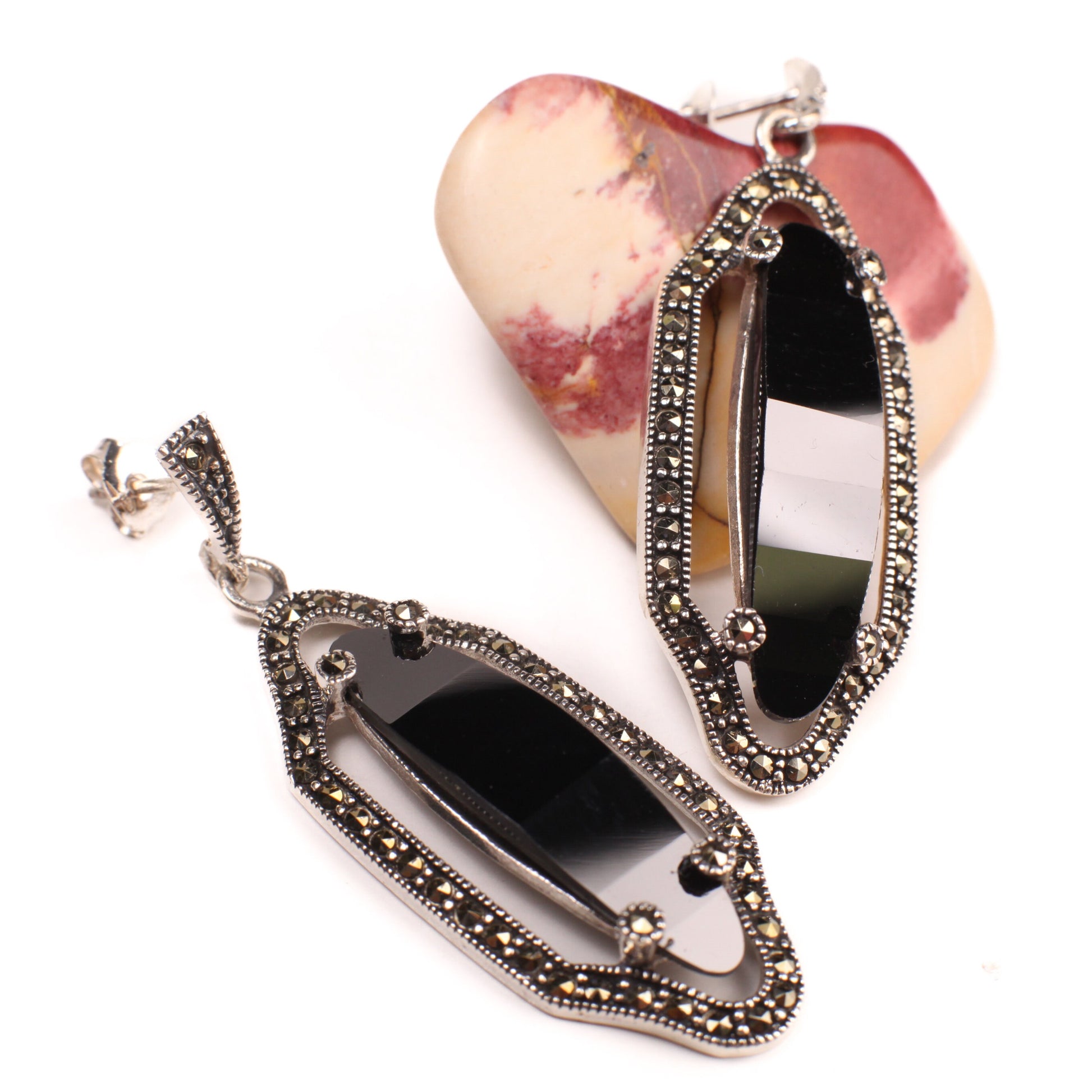 Marcasite 925 Sterling Silver Earrings Post with Oval Dangle Black Onyx, Vintage, Antique Marcasite Earrings Gift for her