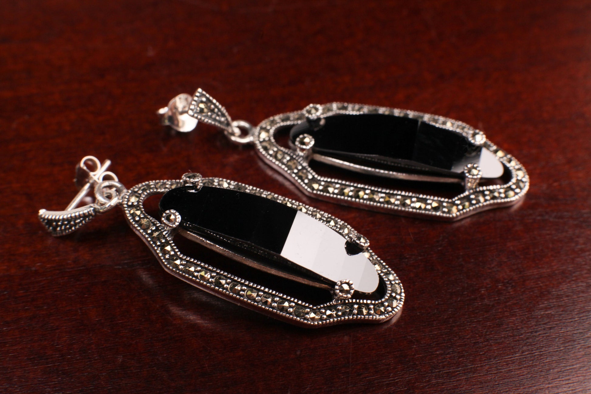 Marcasite 925 Sterling Silver Earrings Post with Oval Dangle Black Onyx, Vintage, Antique Marcasite Earrings Gift for her