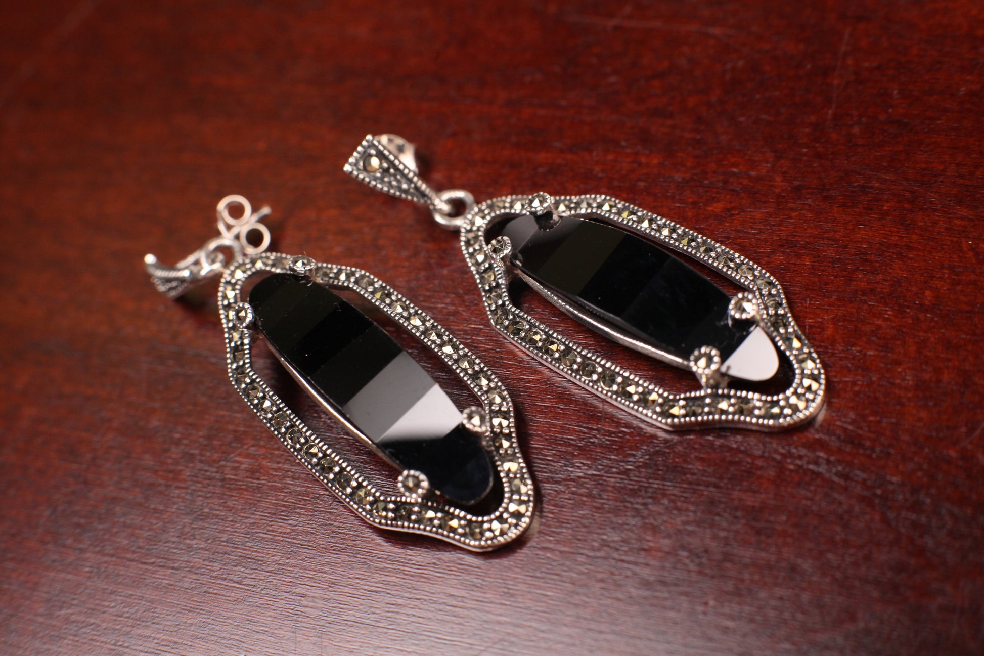 Marcasite 925 Sterling Silver Earrings Post with Oval Dangle Black Onyx, Vintage, Antique Marcasite Earrings Gift for her