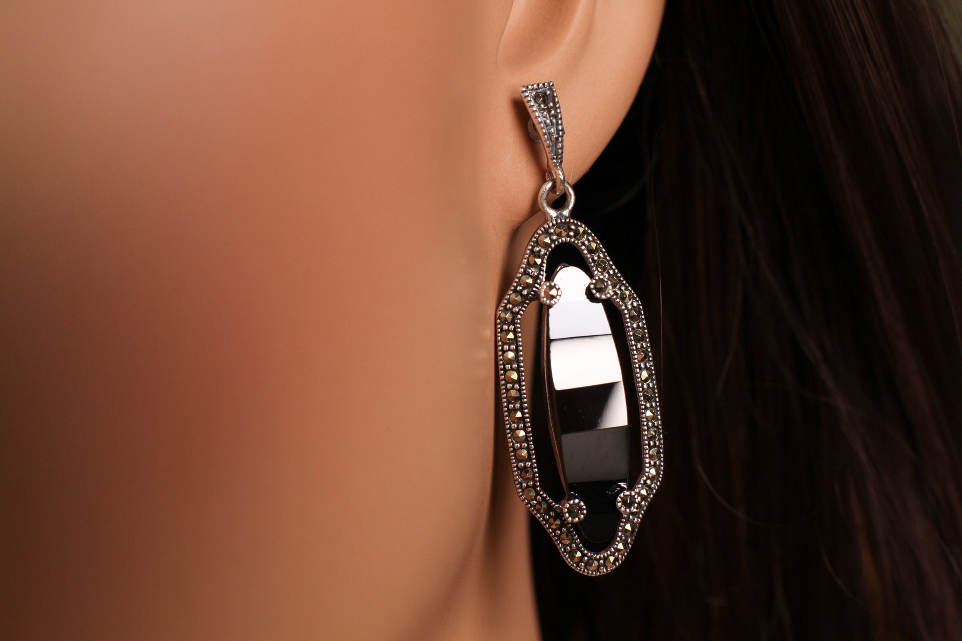 Marcasite 925 Sterling Silver Earrings Post with Oval Dangle Black Onyx, Vintage, Antique Marcasite Earrings Gift for her