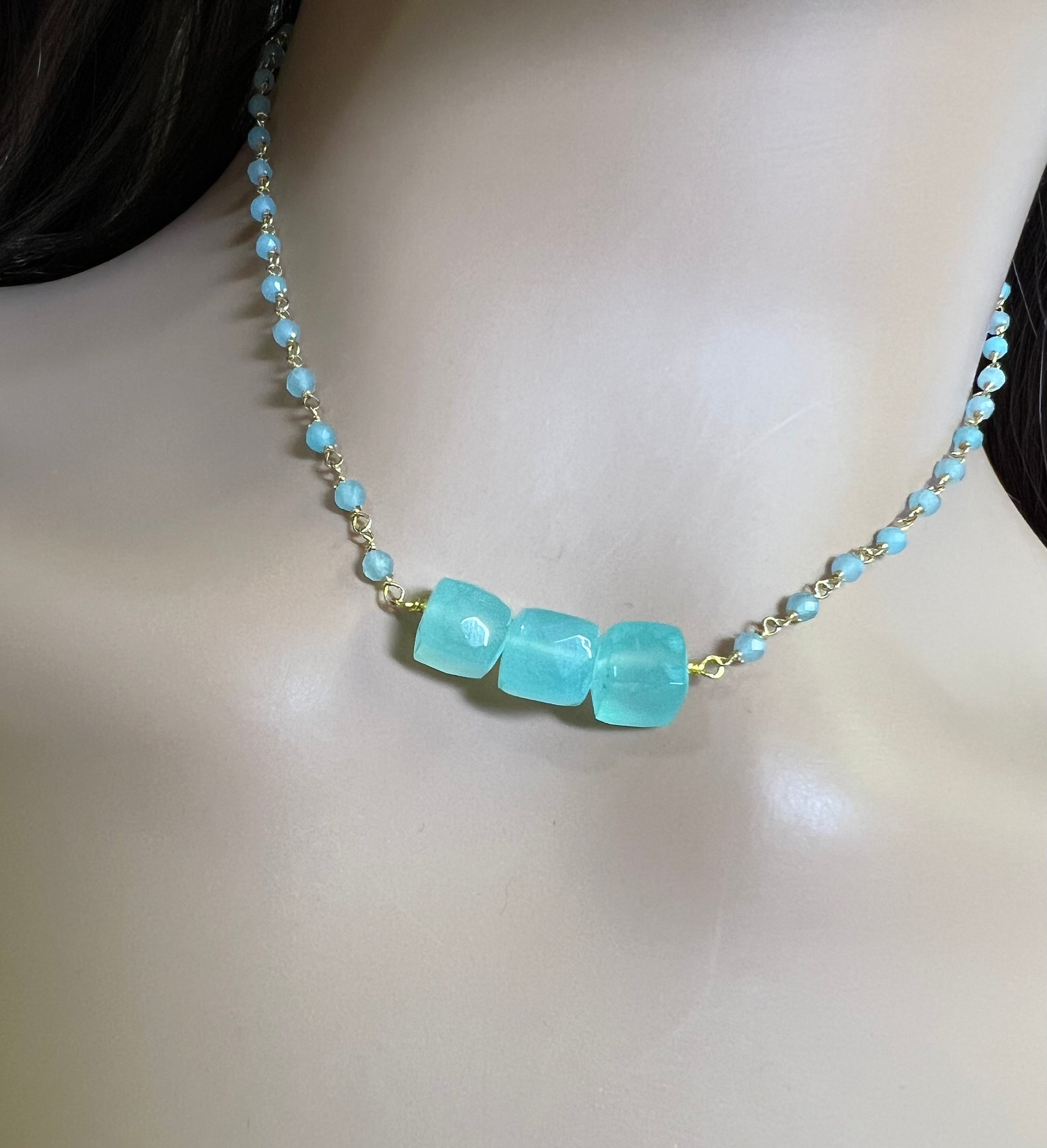 Aqua Chalcedony Faceted square cube matching chalcedony chain and earrings set . Beach summer jewelry soothing gems