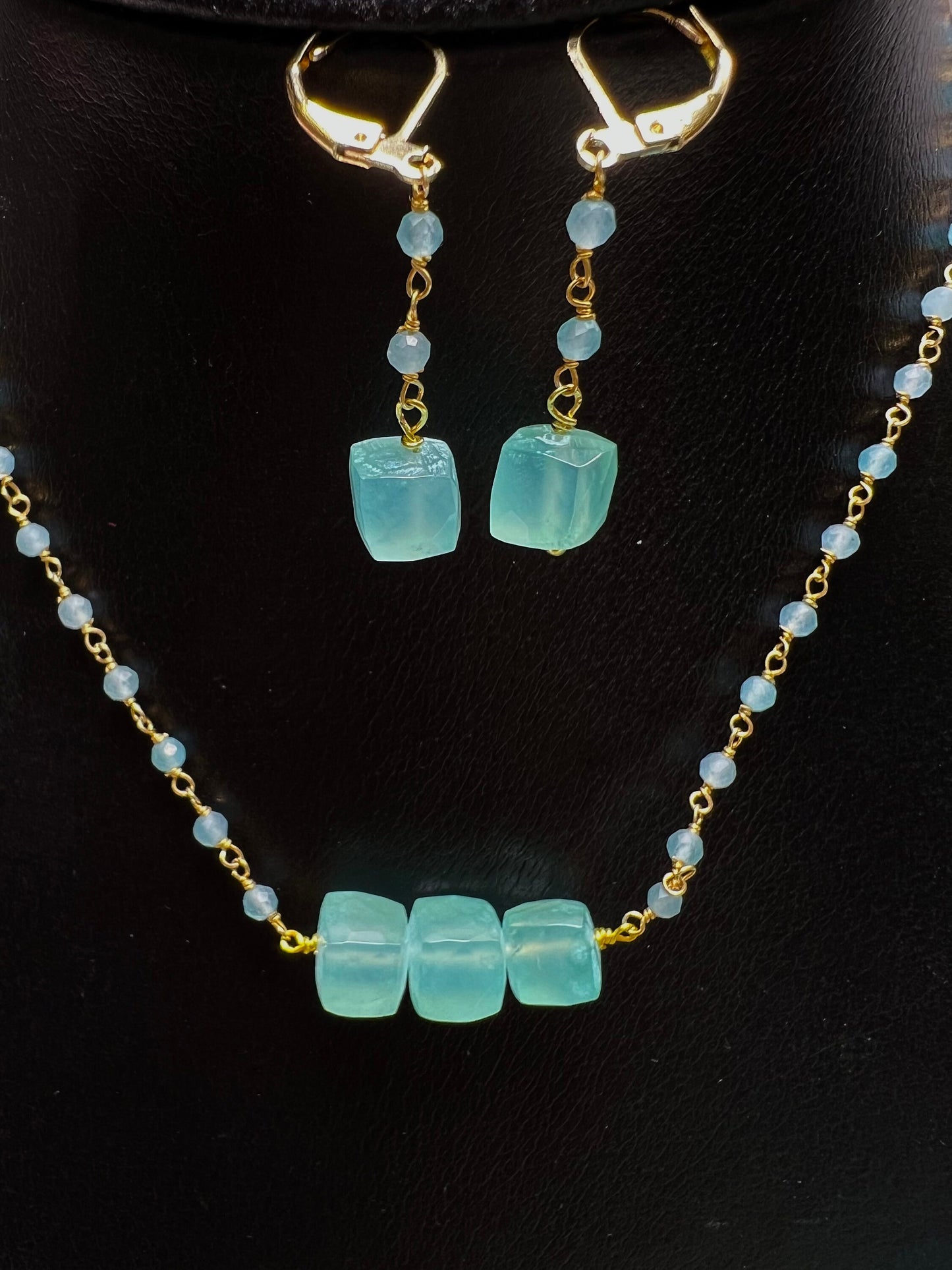 Aqua Chalcedony Faceted square cube matching chalcedony chain and earrings set . Beach summer jewelry soothing gems