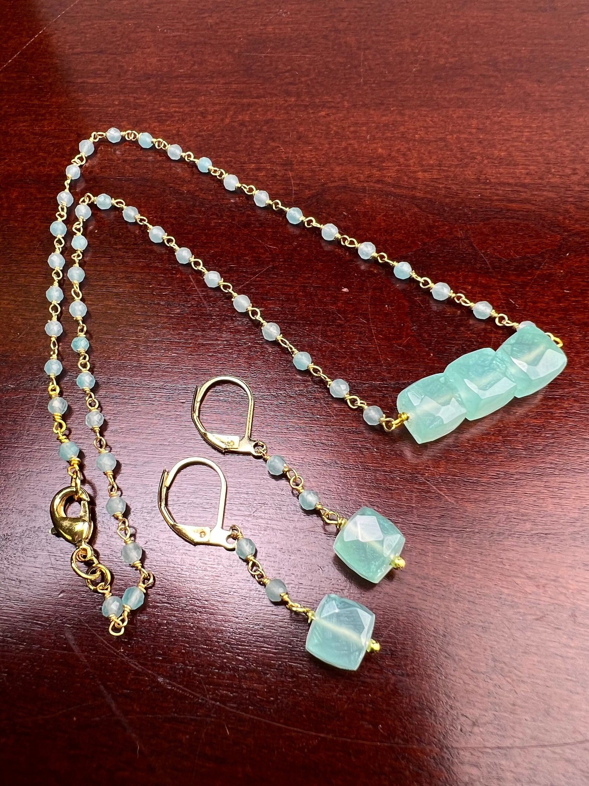 Aqua Chalcedony Faceted square cube matching chalcedony chain and earrings set . Beach summer jewelry soothing gems