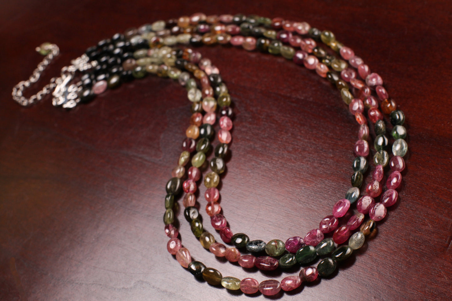 Multi Watermelon Tourmaline Smooth oval 3 line silver Necklace,Healing, Energy,Precious gift 16-18" plus 3" Extension chain