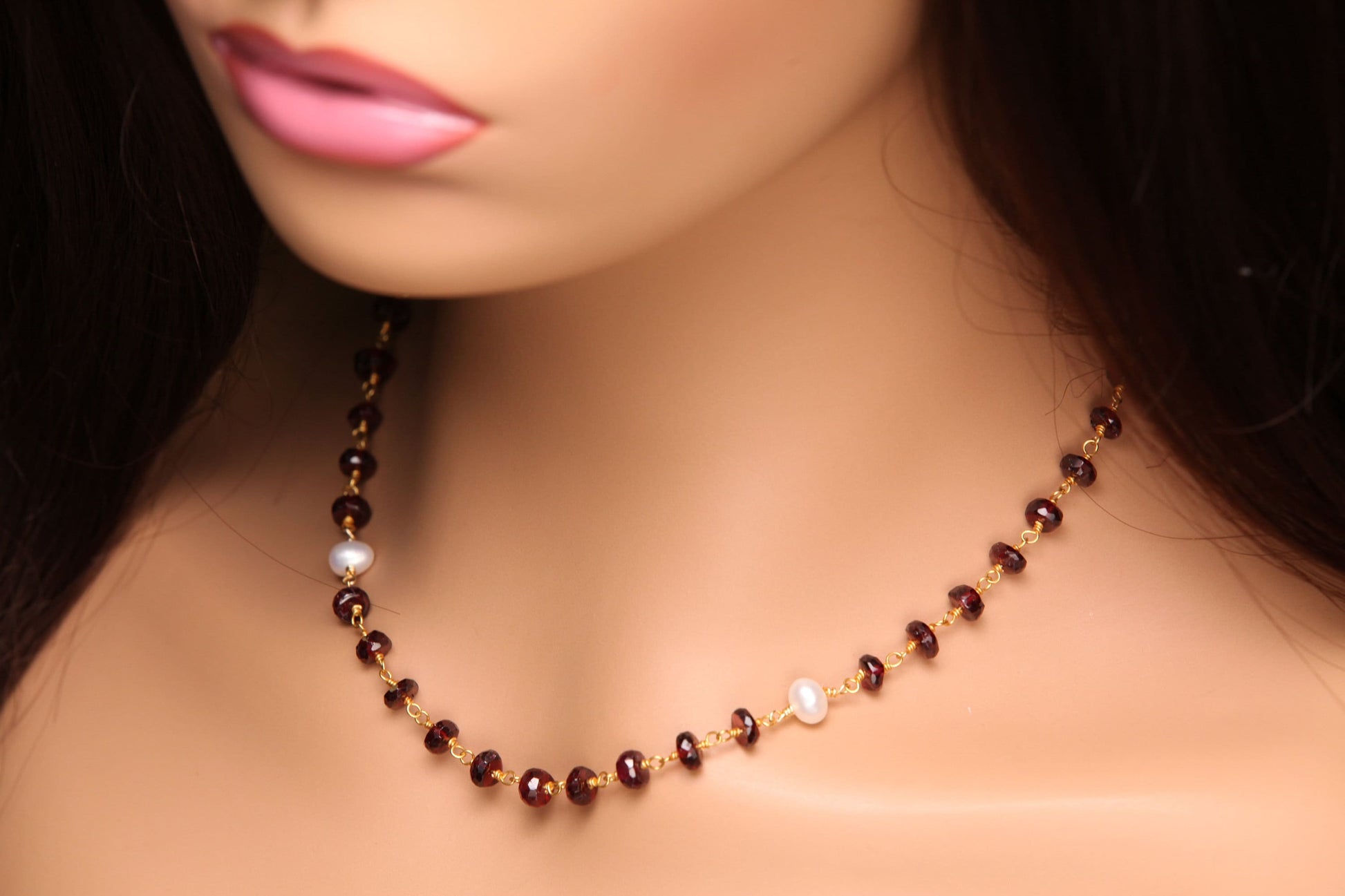 Mozambique Garnet 6mm AAA Roundel Choker wire wrapped handmade Necklace, Freshwater Pearl Spacer, 14k Goldfilled, January Birthstone