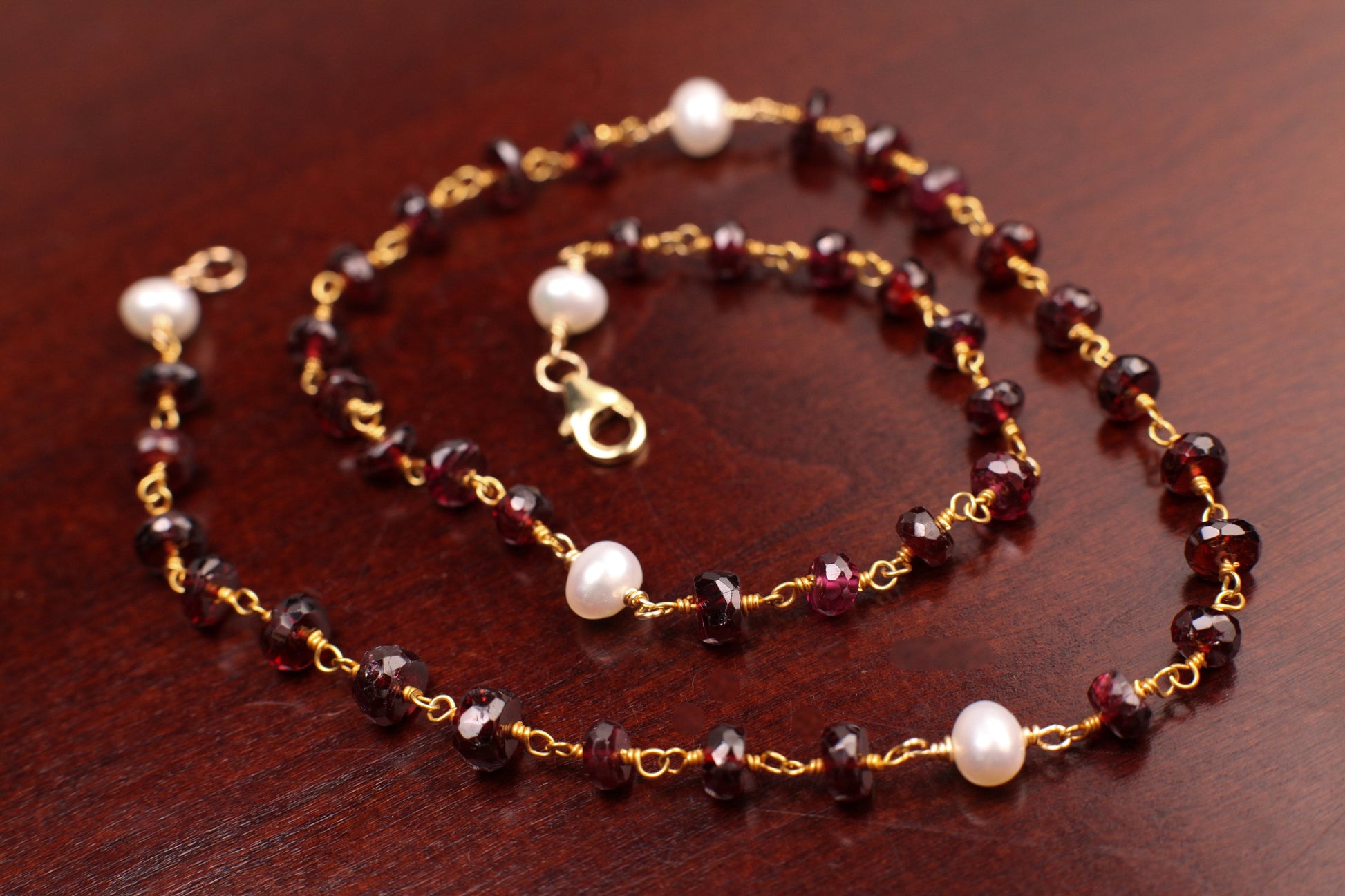 Mozambique Garnet 6mm AAA Roundel Choker wire wrapped handmade Necklace, Freshwater Pearl Spacer, 14k Goldfilled, January Birthstone