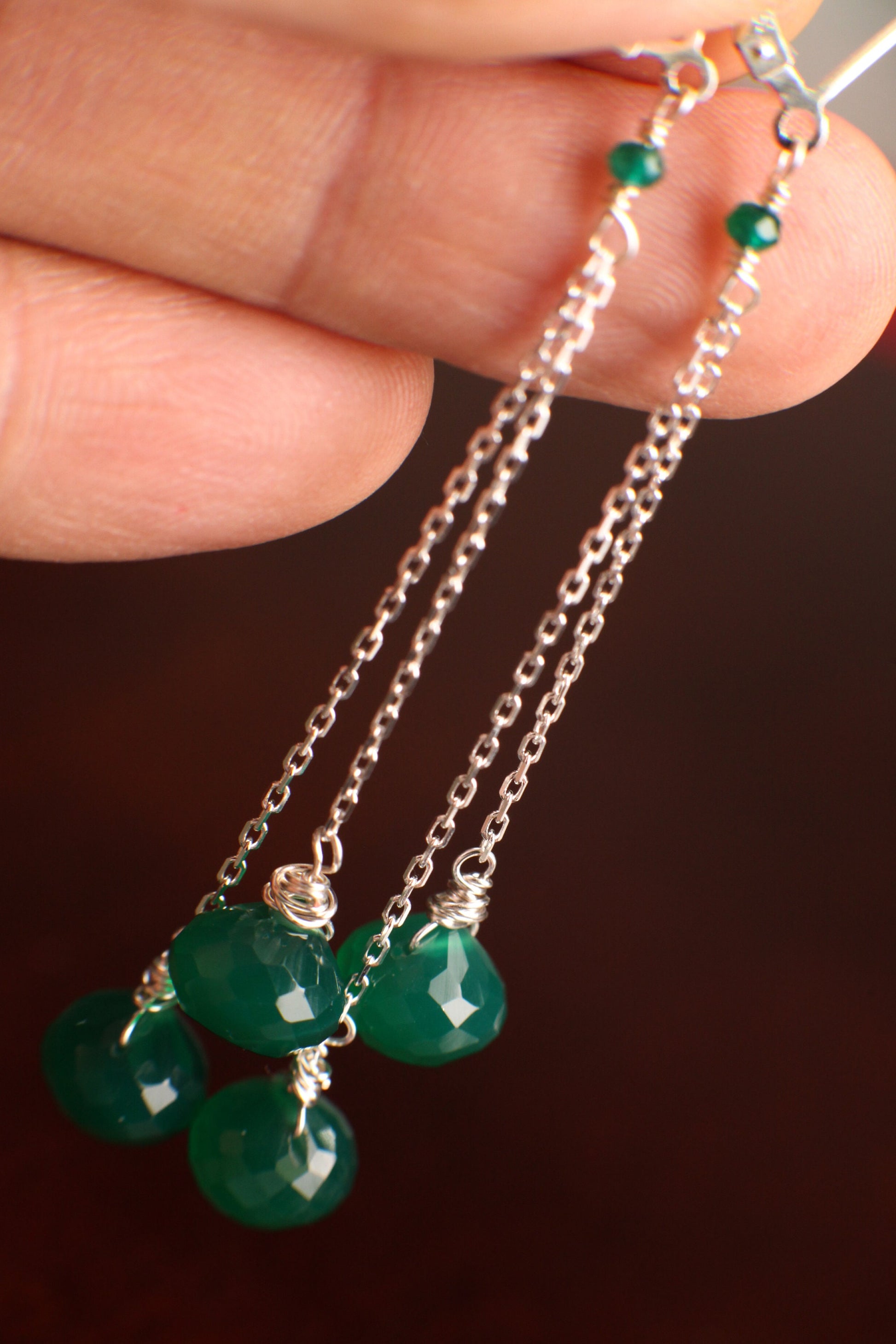 Genuine Green Onyx Drop Briolette Onion Shape and 2” Long 925 Sterling Silver Leverback earrings. Beautiful elegant gift