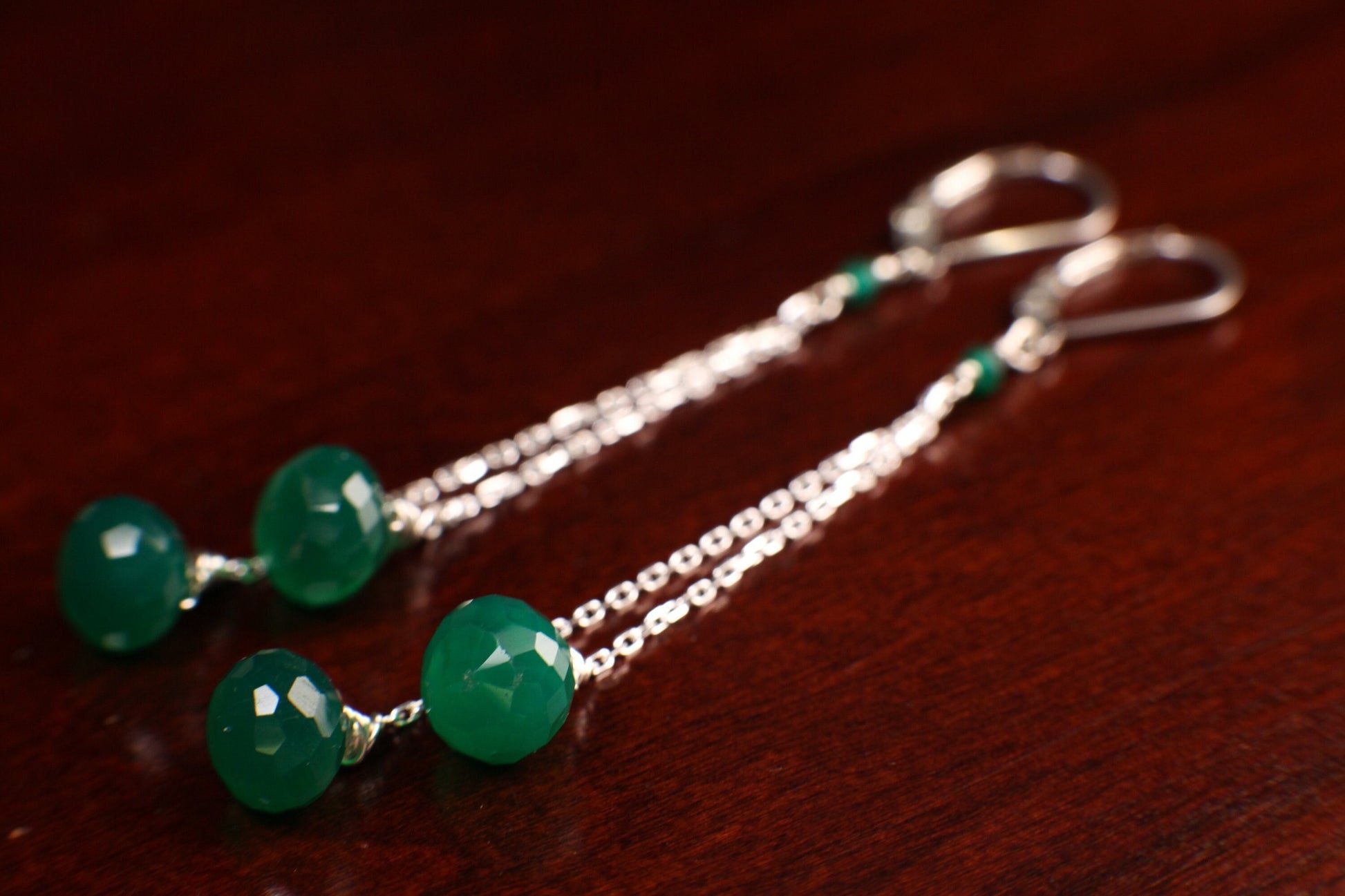 Genuine Green Onyx Drop Briolette Onion Shape and 2” Long 925 Sterling Silver Leverback earrings. Beautiful elegant gift