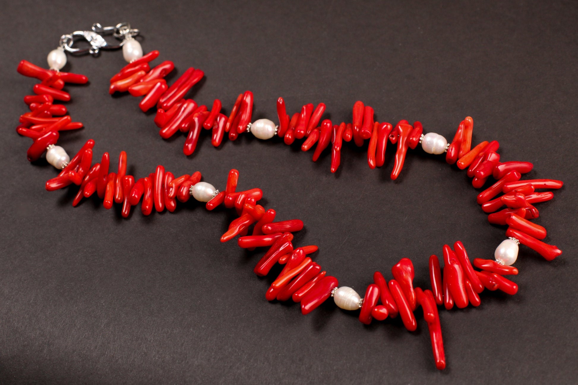 Genuine Red Coral Stick Branch 3x14-20mm, Accent Freshwater Pearl Necklace good luck gift