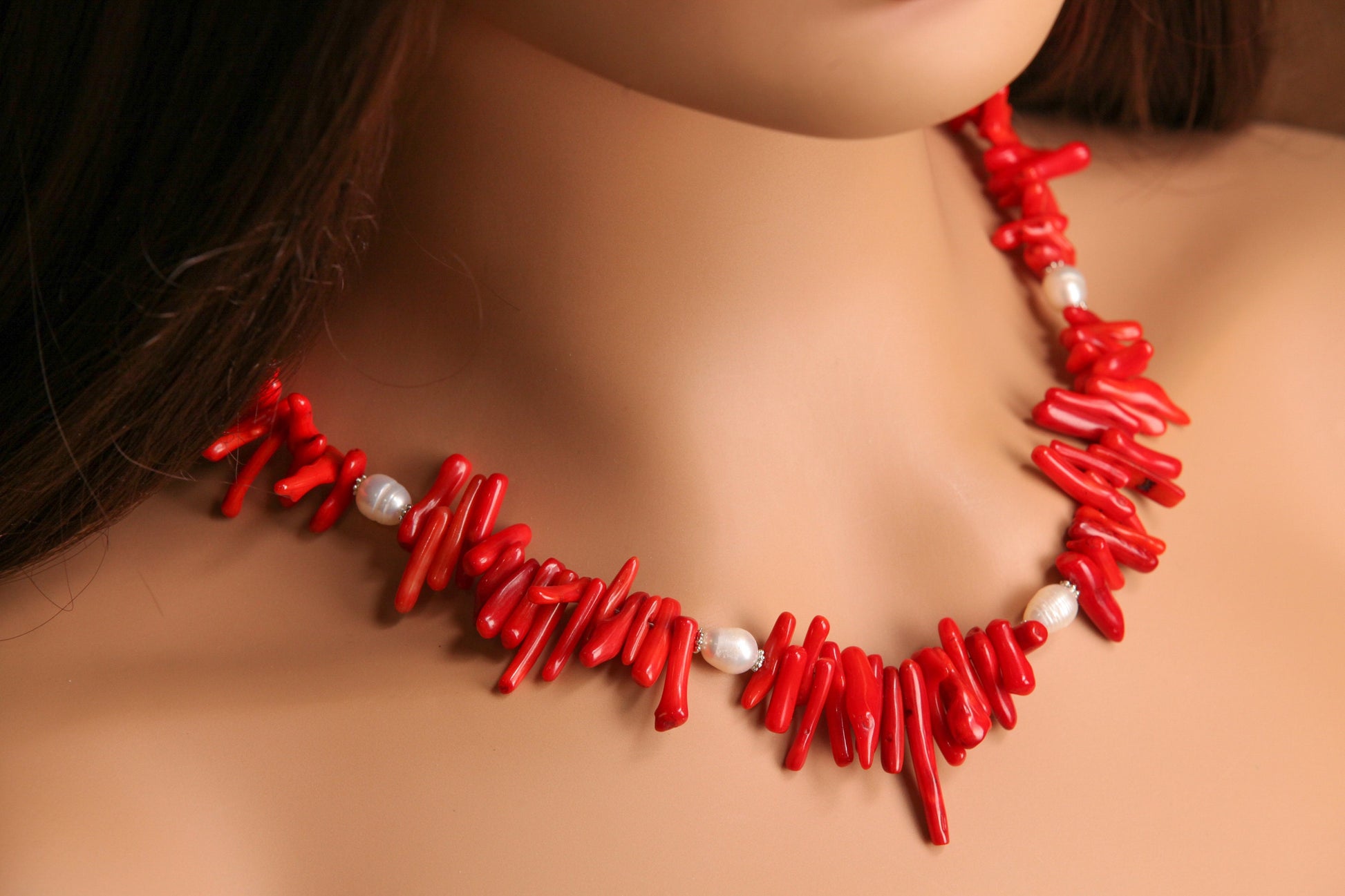 Genuine Red Coral Stick Branch 3x14-20mm, Accent Freshwater Pearl Necklace good luck gift