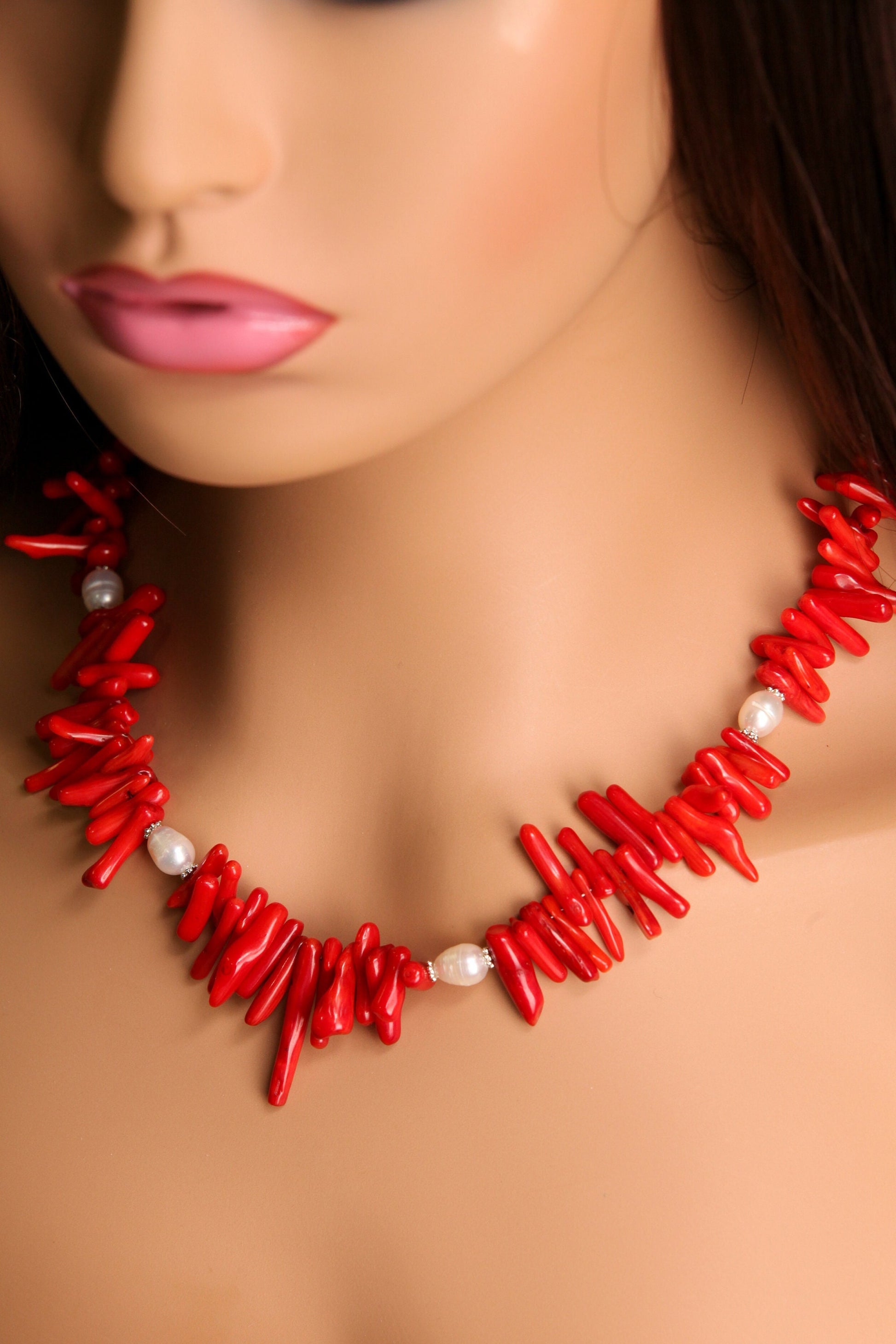 Genuine Bamboo Red Coral Stick Branch 3x14-20mm, Accent Freshwater Pearl Necklace