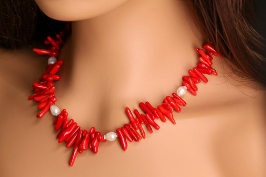 Genuine Bamboo Red Coral Stick Branch 3x14-20mm, Accent Freshwater Pearl Necklace