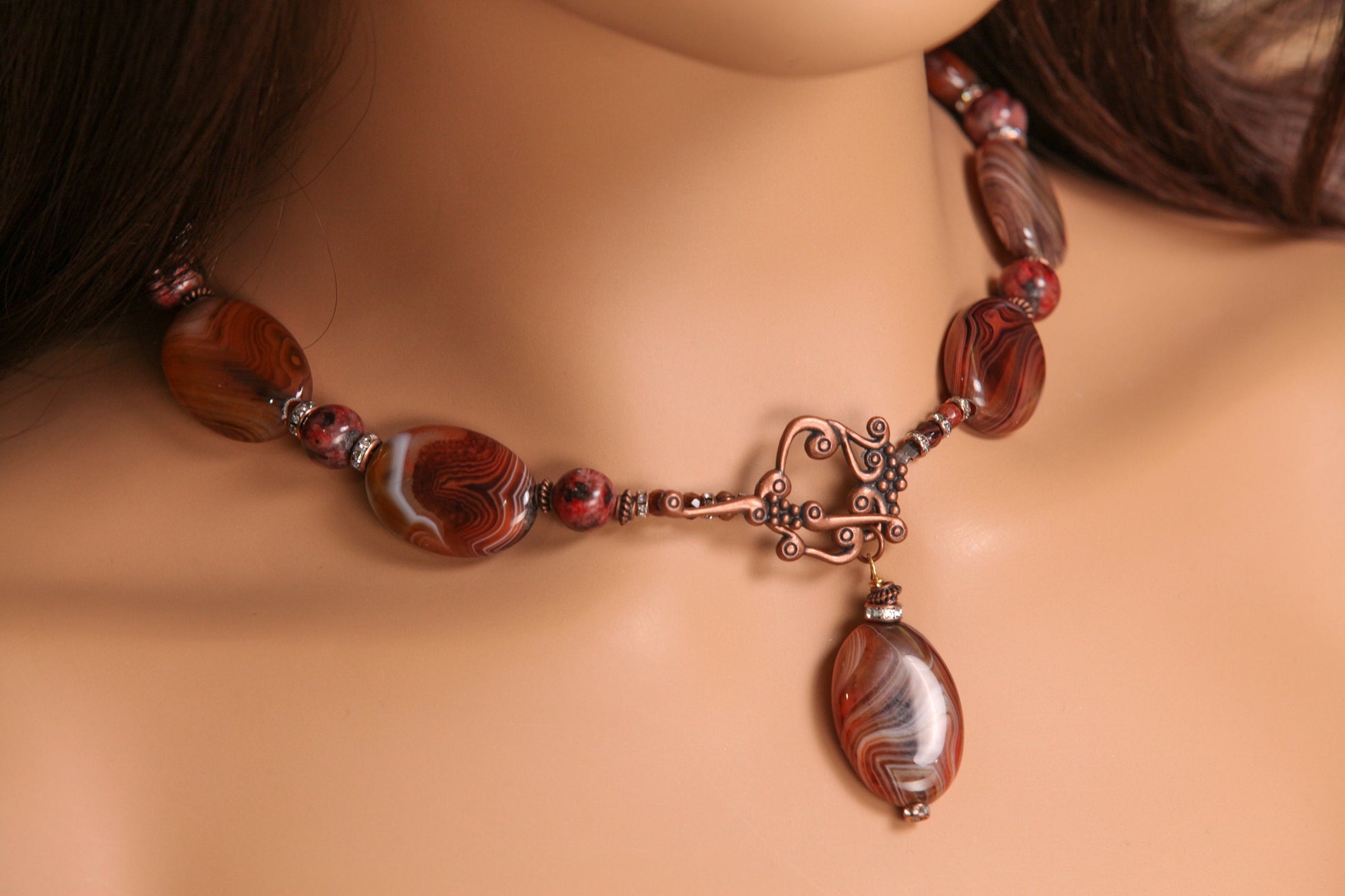 Natural Carnelian Striped Agate Oval 20x30mm with Red Jasper Spacers Necklace 18", Soothing, Harmony, Handmade Gift