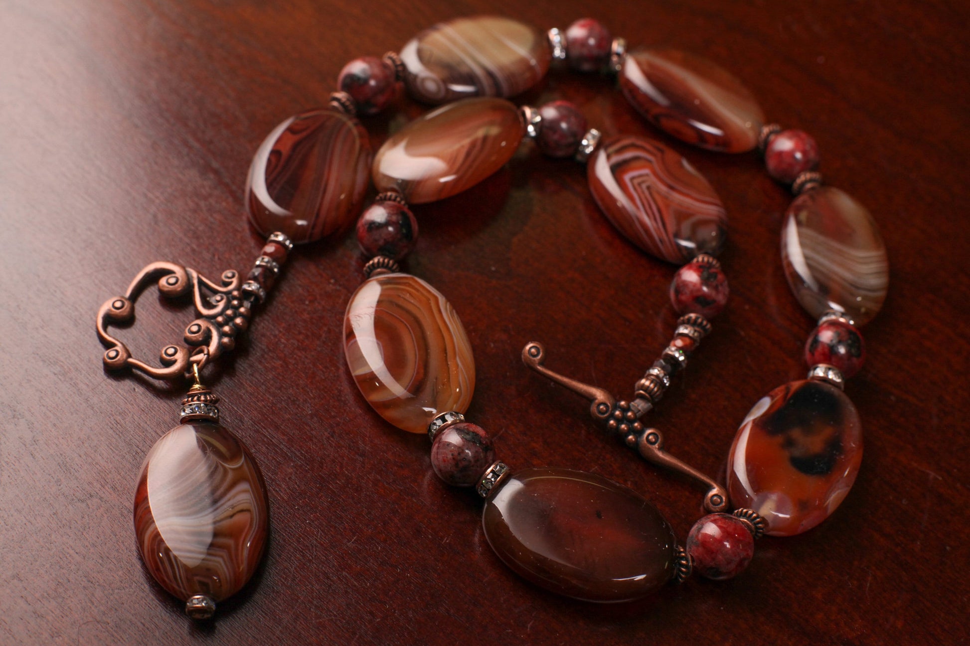 Natural Carnelian Striped Agate Oval 20x30mm with Red Jasper Spacers Necklace 18", Soothing, Harmony, Handmade Gift