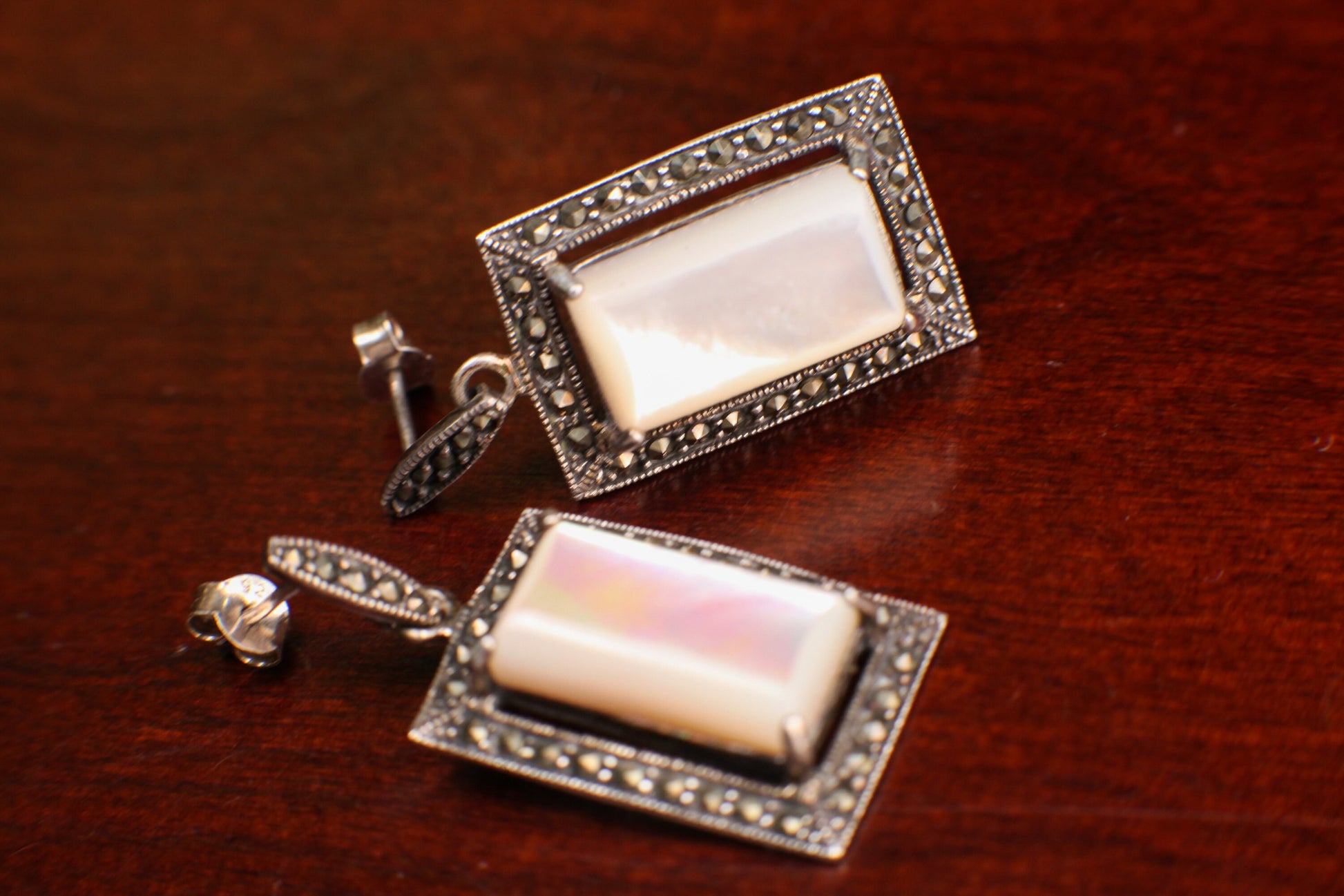 Marcasite 925 Sterling Silver Earrings Post with Rectangle Dangle Mother of Pearl, Vintage, Antique Marcasite Earrings Gift for her