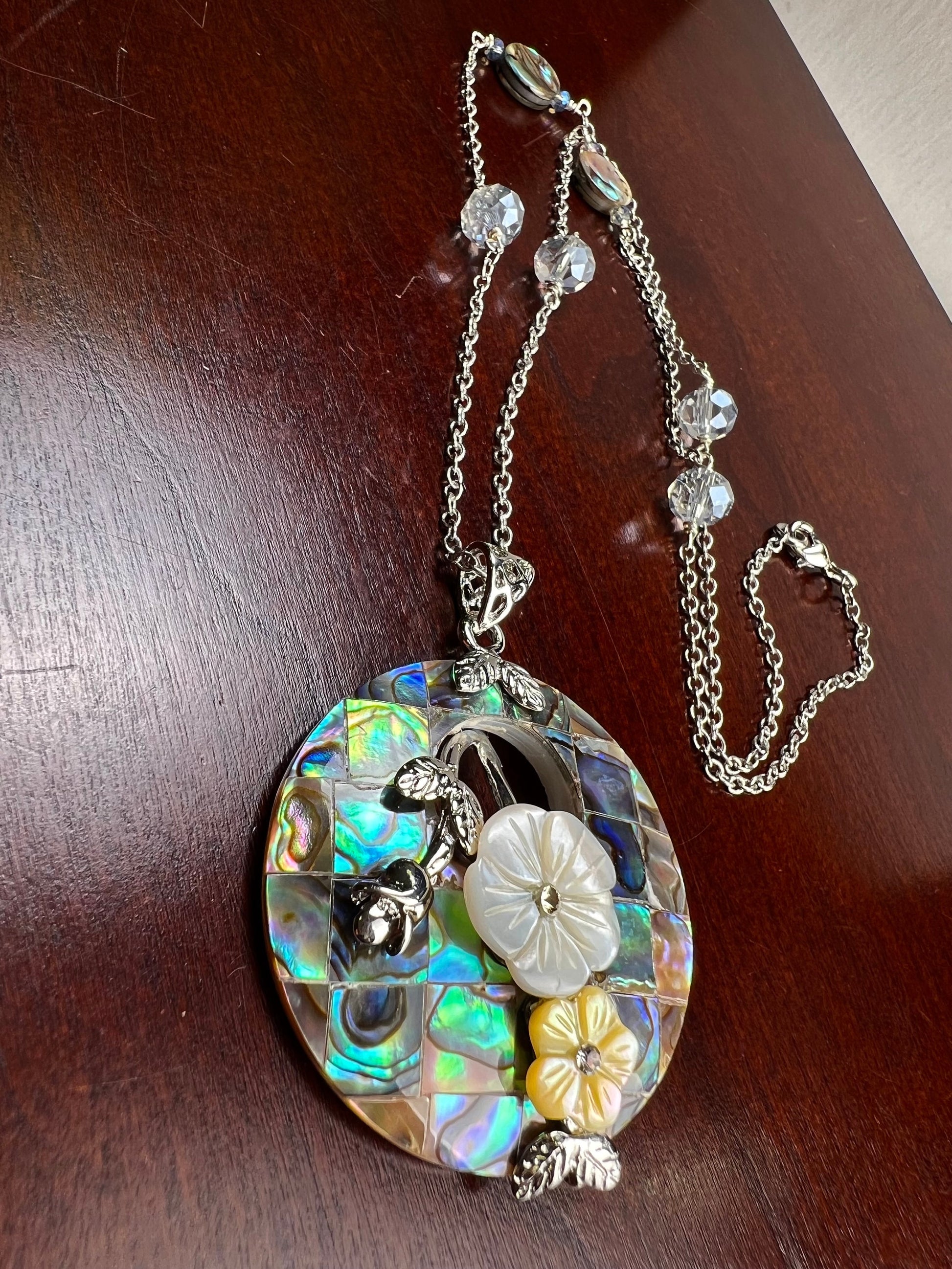 Genuine Abalone Paua Shell 40mm disc donut flower with 10mm abalone dime and crystal rhodium sterling silver 21” necklace, vintage gift