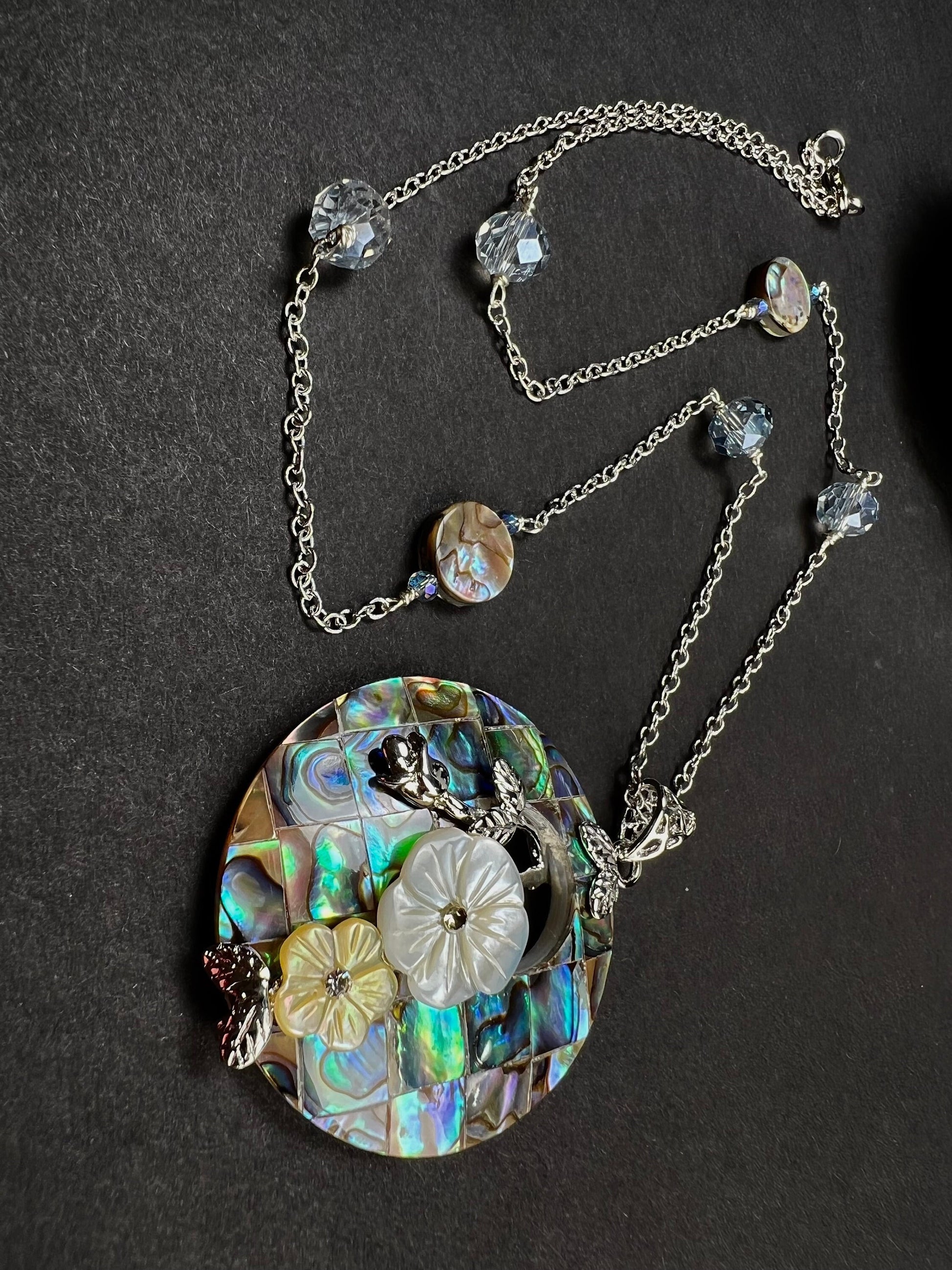 Genuine Abalone Paua Shell 40mm disc donut flower with 10mm abalone dime and crystal rhodium sterling silver 21” necklace, vintage gift