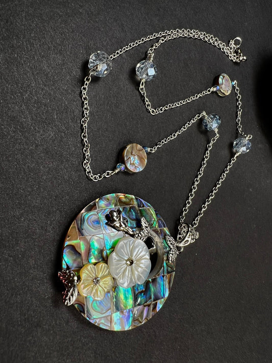 Genuine Abalone Paua Shell 40mm disc donut flower with 10mm abalone dime and crystal rhodium sterling silver 21” necklace, vintage gift