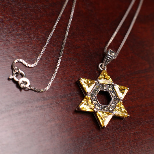 Citrine Star of David Marcasite 925 Sterling Silver Pendant with 925 Sterling Silver Chain necklace, Vintage gift, 925 stamped