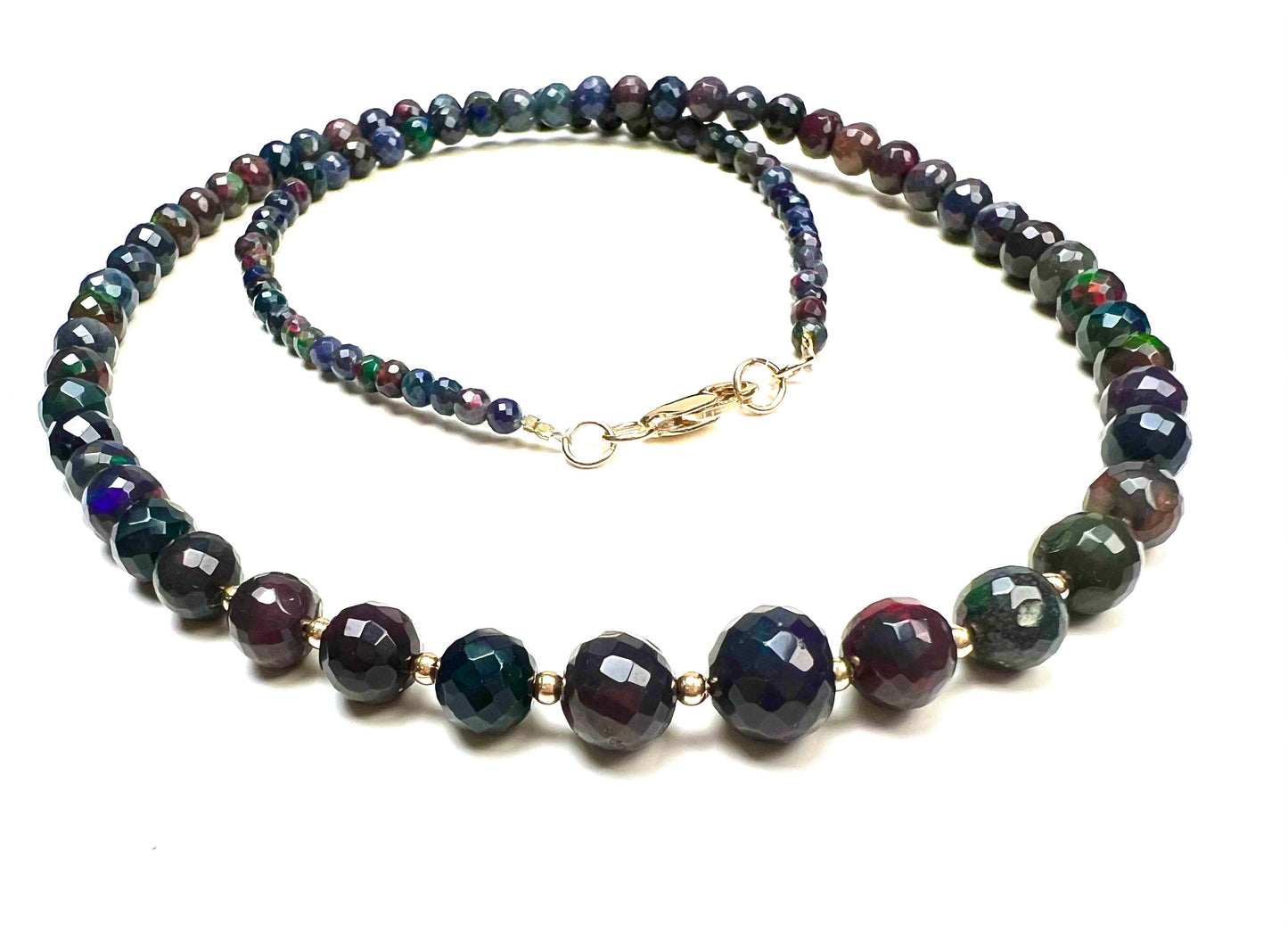 Natural Black Ethiopian Welo Fire Opal Faceted Round 3-7mm Graduated Necklace. 14K Gold Filled Necklace