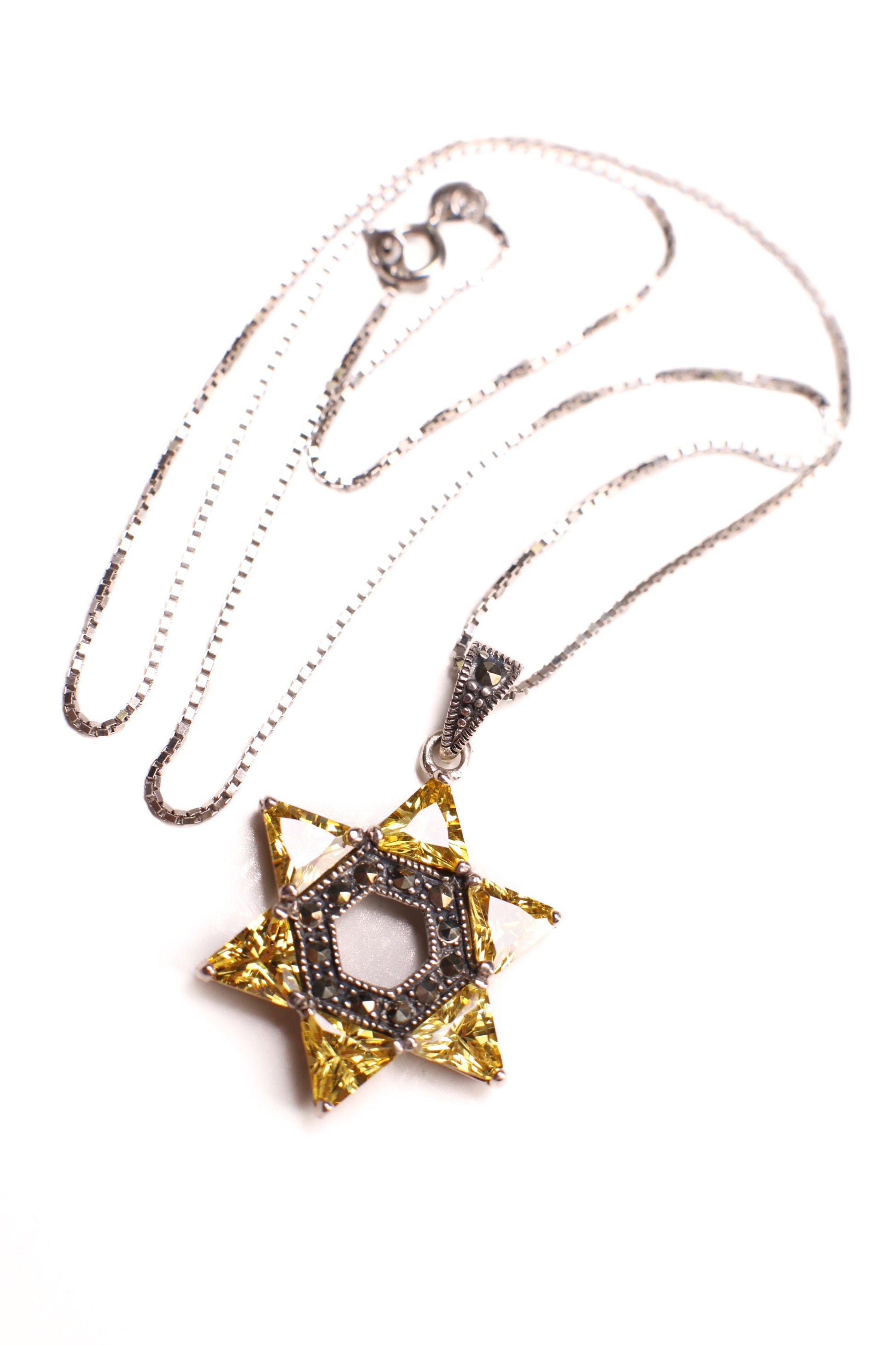 Vintage Marcasite Citrine Star of David Marcasite 925 Sterling Silver Pendant 925 Sterling Silver Chain necklace, Antique gift, 925 stamped