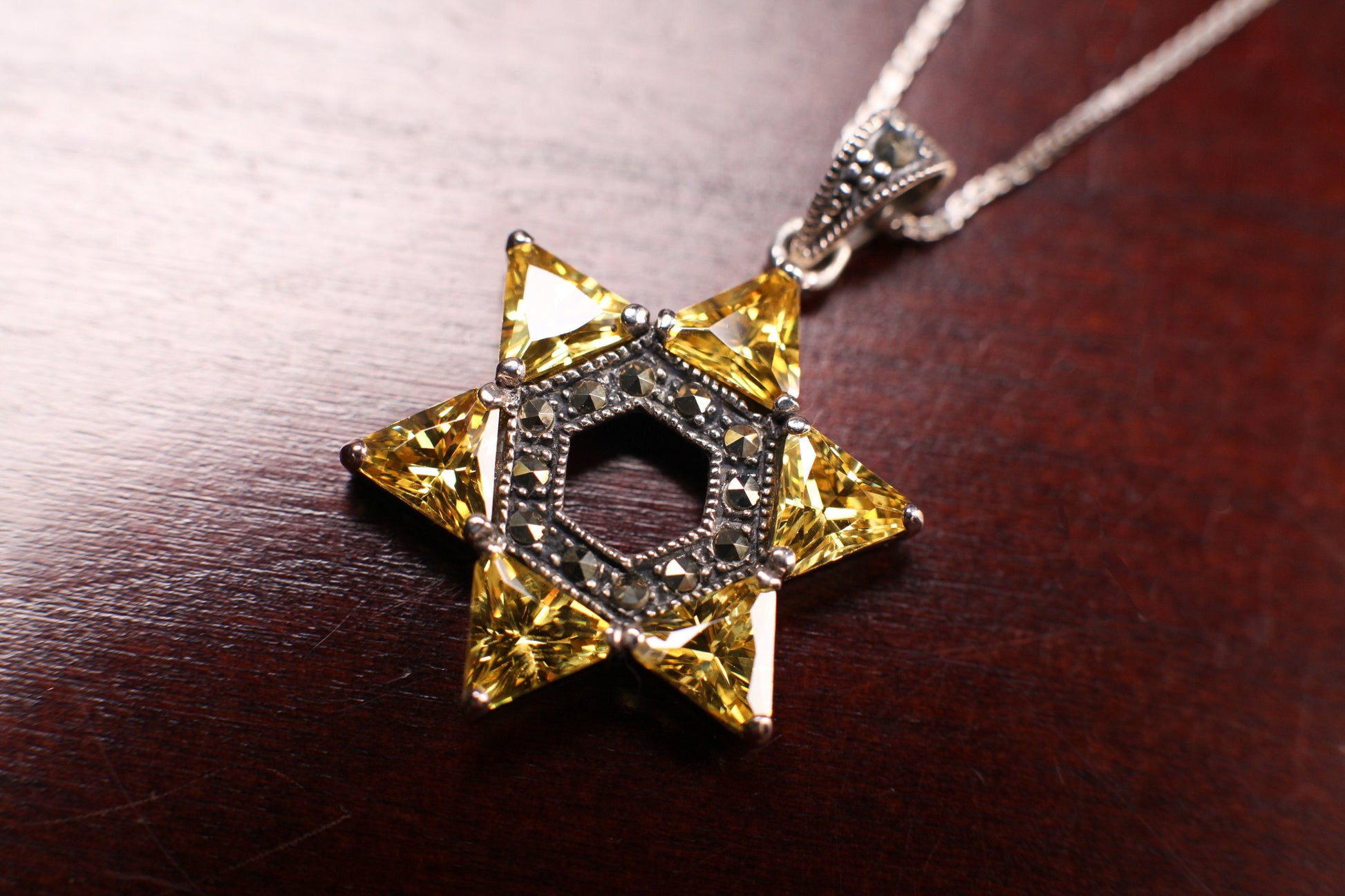 Vintage Marcasite Citrine Star of David Marcasite 925 Sterling Silver Pendant 925 Sterling Silver Chain necklace, Antique gift, 925 stamped