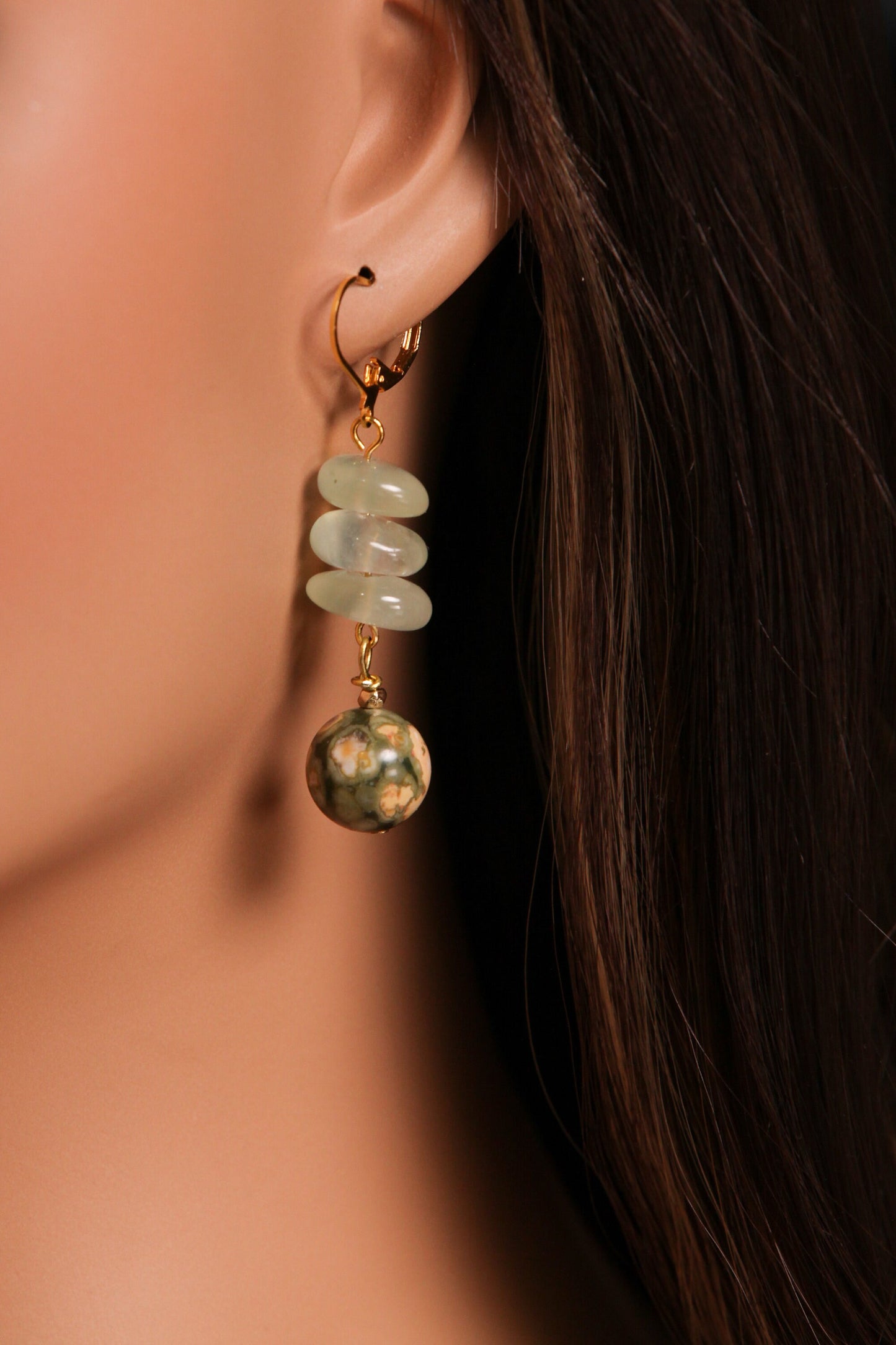 Natural Prehnite Wire Wrapped Dangling 12mm Green Rhyolite smooth round gold earrings, Beautiful handmade minimalist gemstone earrings