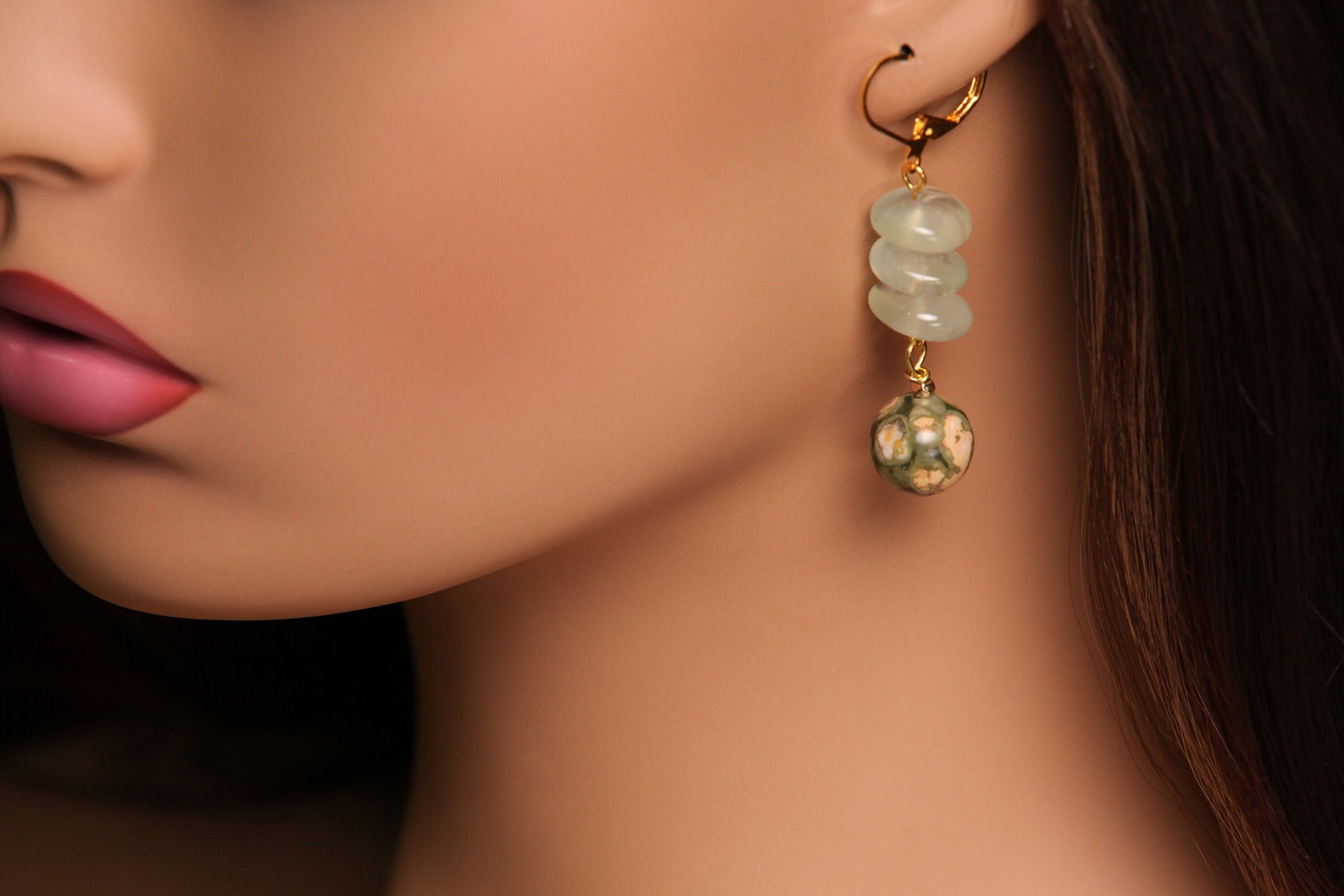 Natural Prehnite Wire Wrapped Dangling 12mm Green Rhyolite smooth round gold earrings, Beautiful handmade minimalist gemstone earrings