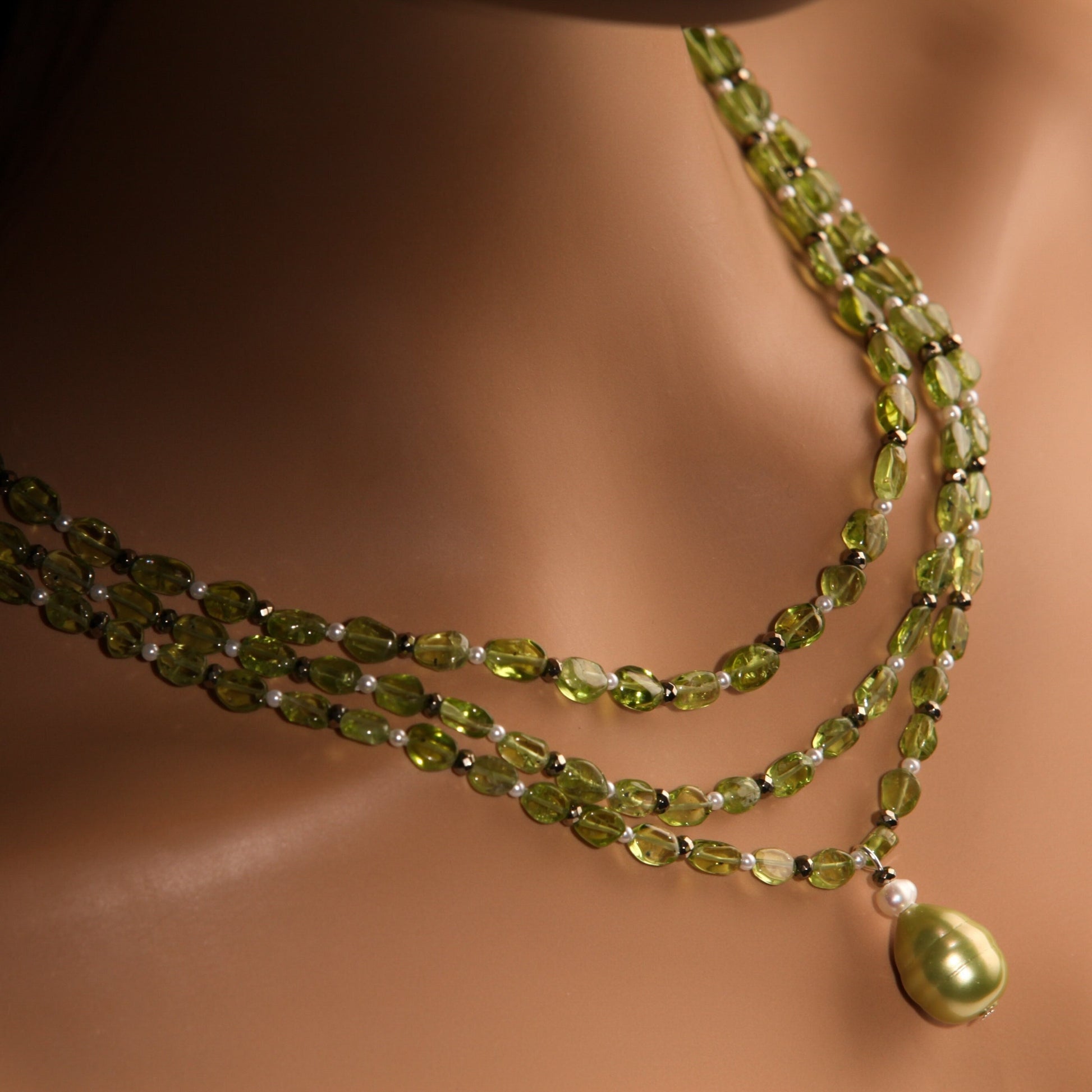 Peridot 3 Layered Necklace, Freshwater Pearl, Pyrite, South seaShell baroque Pendant
