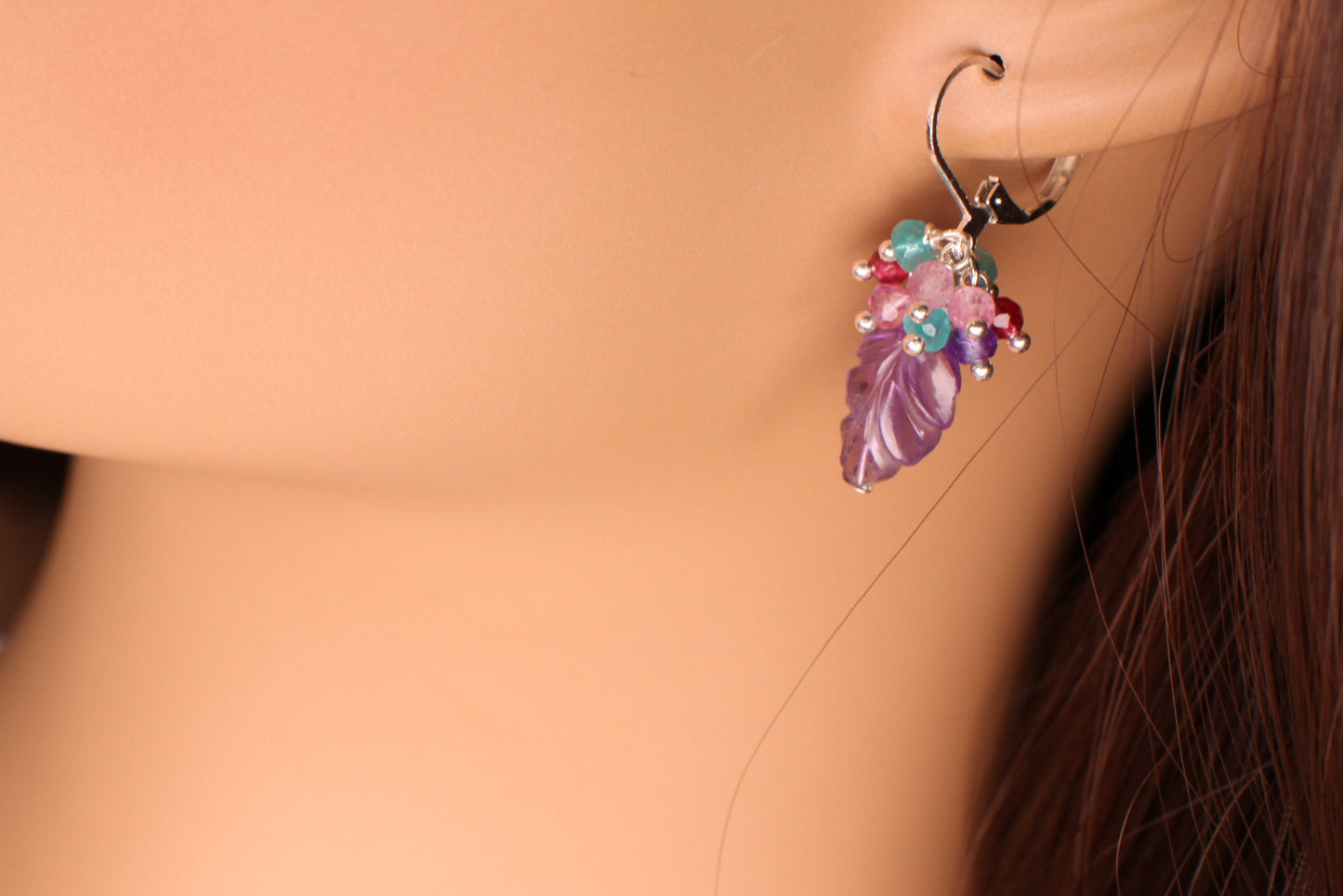 Carved Amethyst Leaf Dangling, Apatite, Garnet, Pink Topaz, Amethyst Clusters, 925 Sterling Silver Leverback Earrings, Gemstone Jewelry Gift