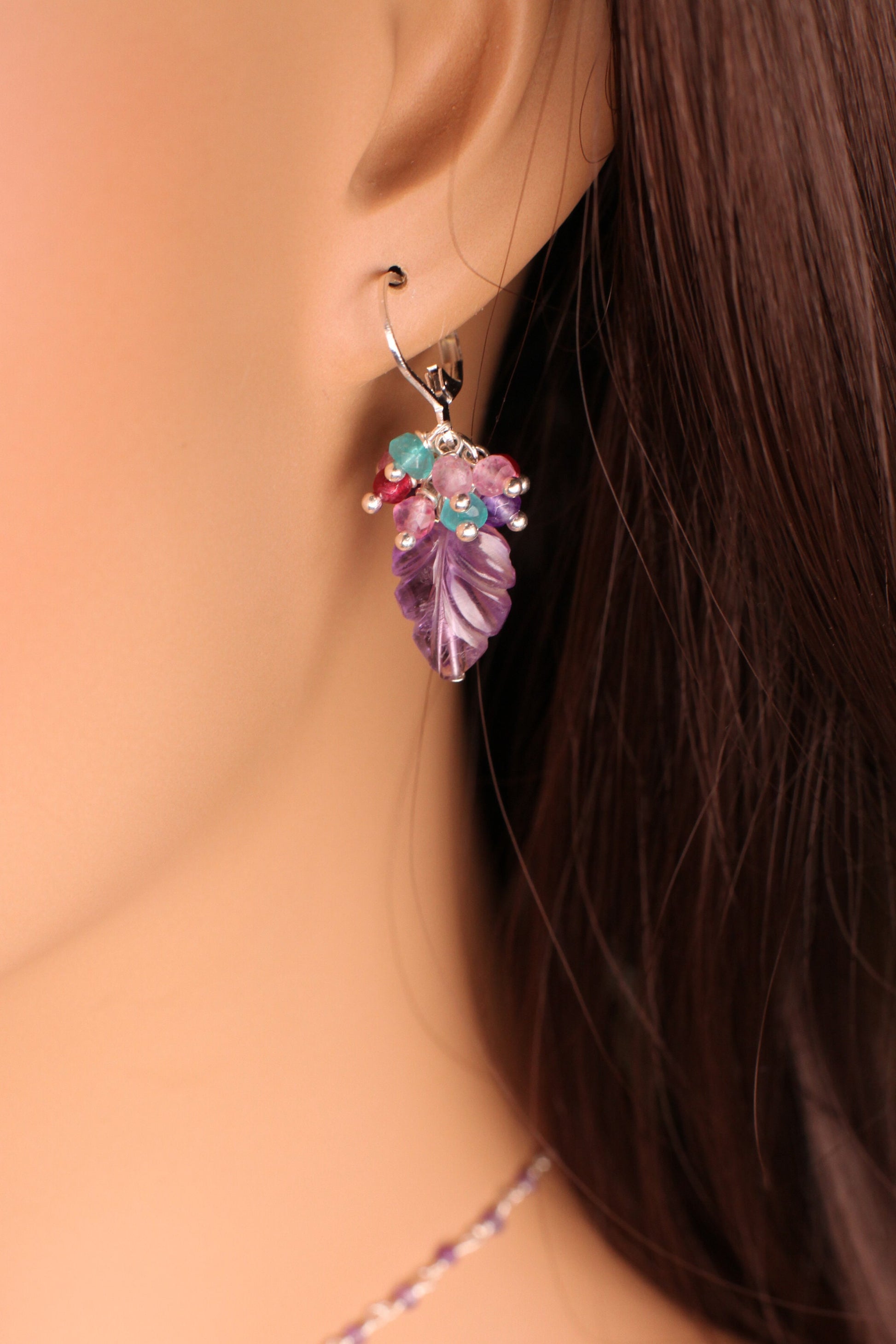 Carved Amethyst Leaf Dangling, Apatite, Garnet, Pink Topaz, Amethyst Clusters, 925 Sterling Silver Leverback Earrings, Gemstone Jewelry Gift