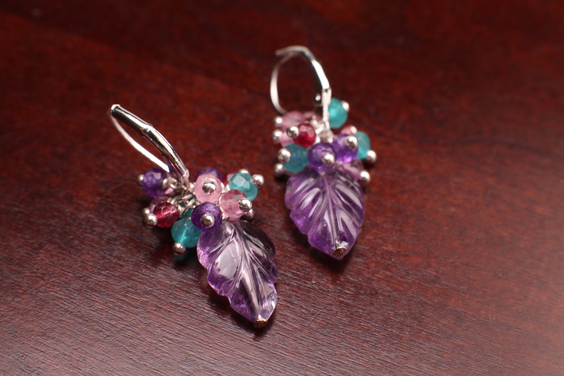 Natural Amethyst Hand carved Leaf Dangling, Apatite, Garnet, Pink Topaz, Amethyst Clusters, 925 Sterling Silver Leverback Earrings