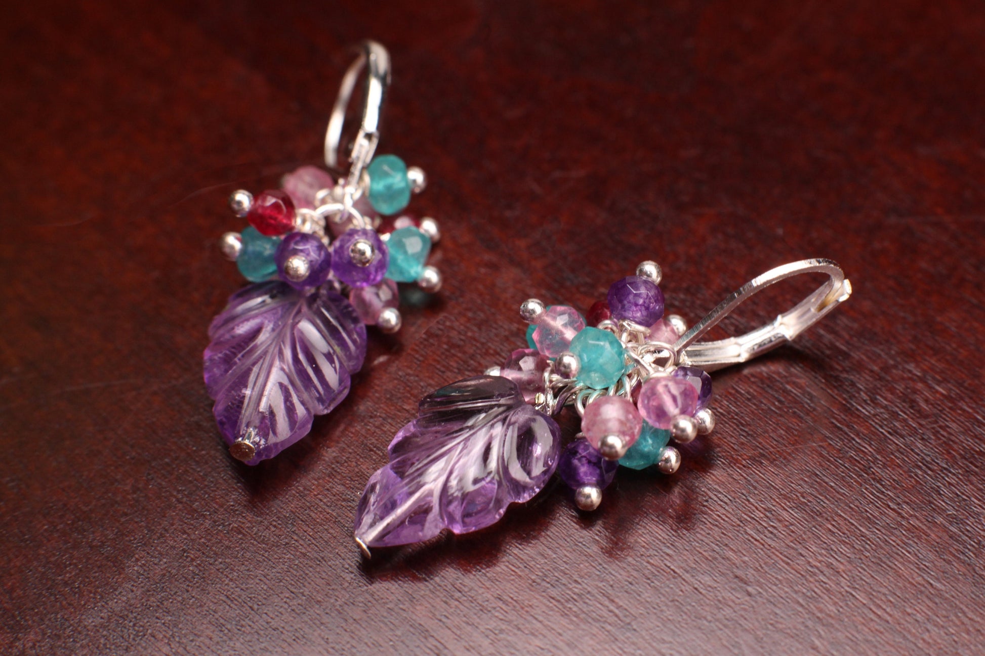 Carved Amethyst Leaf Dangling, Apatite, Garnet, Pink Topaz, Amethyst Clusters, 925 Sterling Silver Leverback Earrings, Gemstone Jewelry Gift