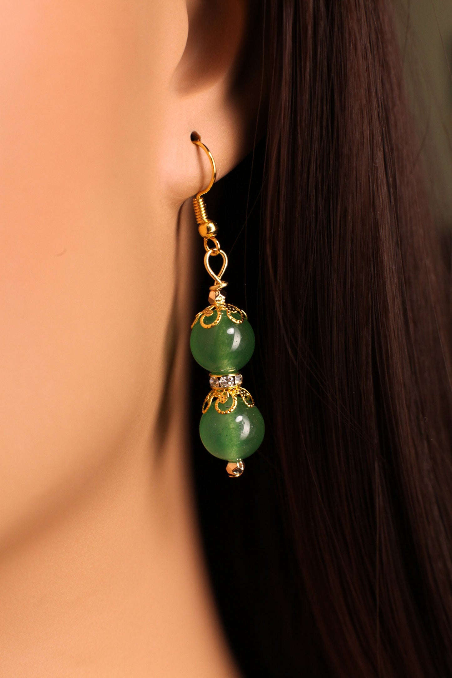 Green Aventurine 10mm smooth round rhinestone roundel wire wrapped Bali style bead cap gold handmade earrings, healing crystal