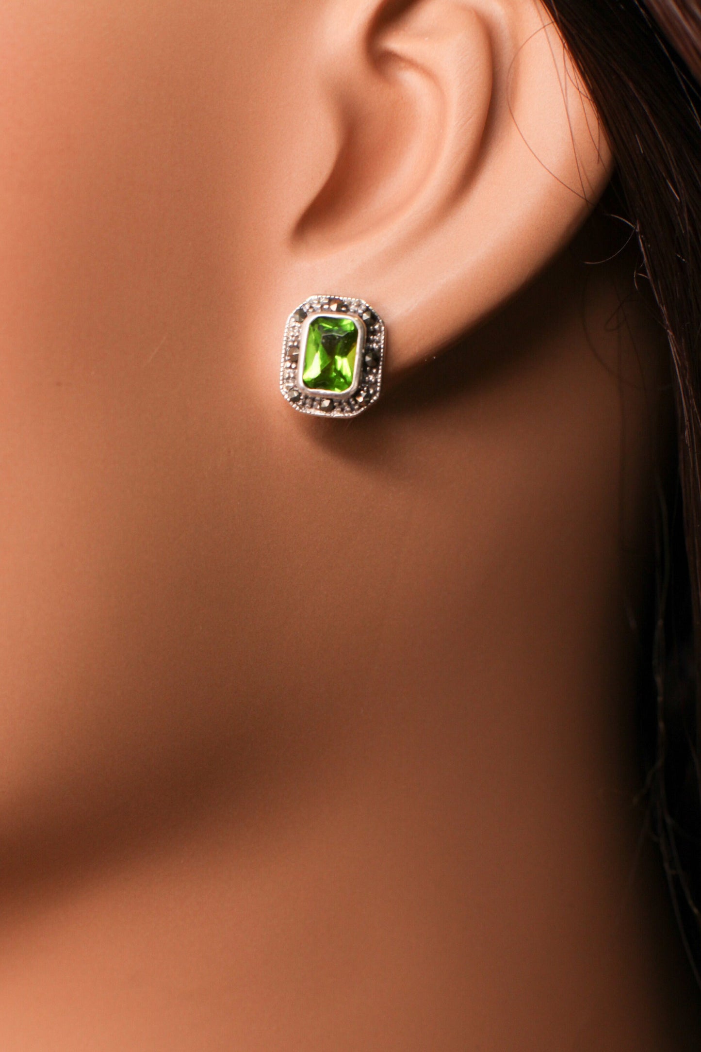 Genuine Peridot Marcasite Post Earrings in 925 Sterling Silver, precious Gift for her, 925 Stamped