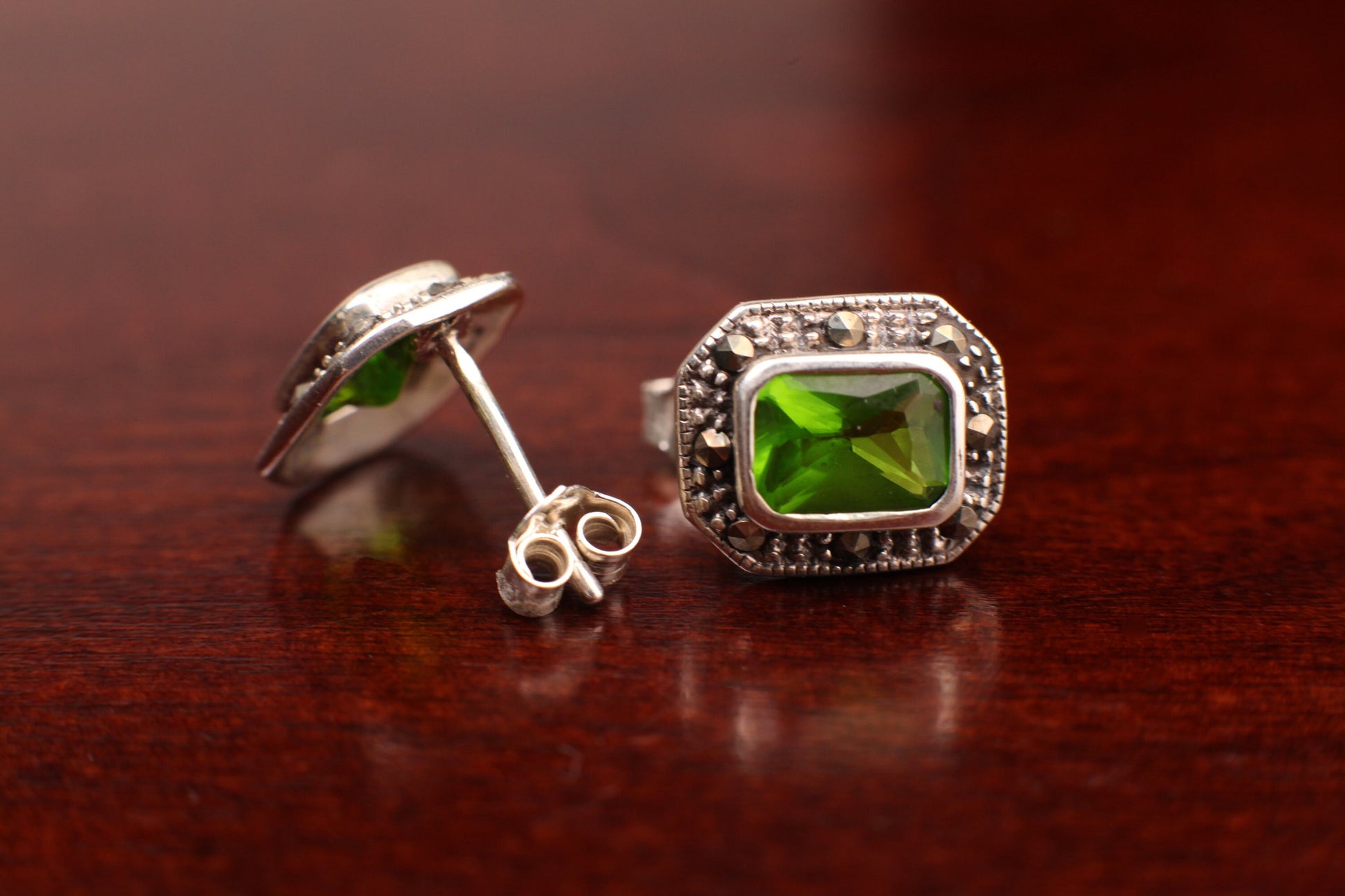 Genuine Peridot Marcasite Post Earrings in 925 Sterling Silver, precious Gift for her, 925 Stamped