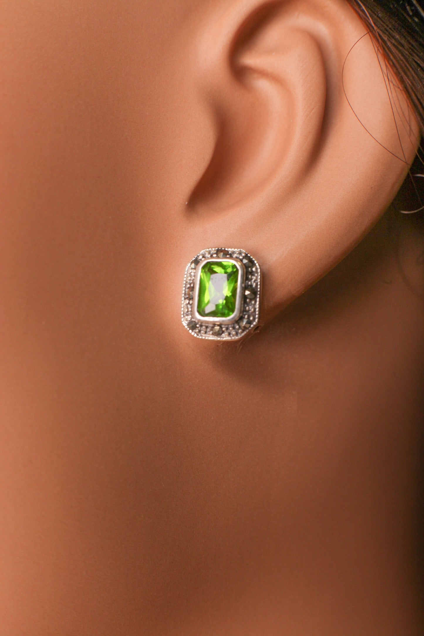 Genuine Peridot Marcasite Post Earrings in 925 Sterling Silver, precious Gift for her, 925 Stamped