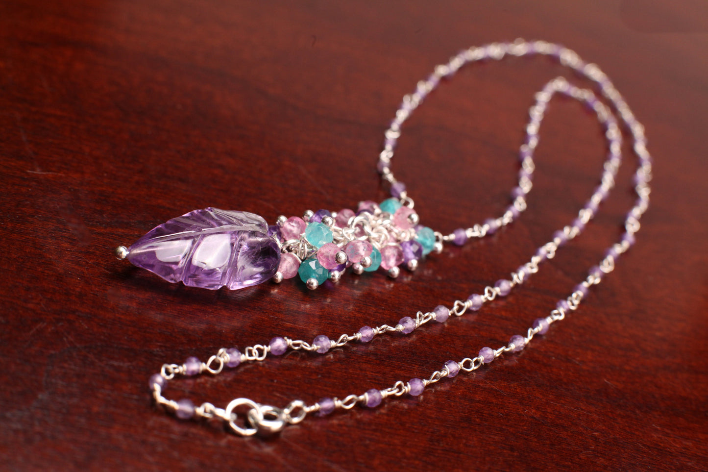 Carved Amethyst Leaf Pendant, Apatite, Garnet, Pink Topaz, Amethyst Clusters, 925 Sterling Silver Wire Wrapped Beaded Chain Necklace