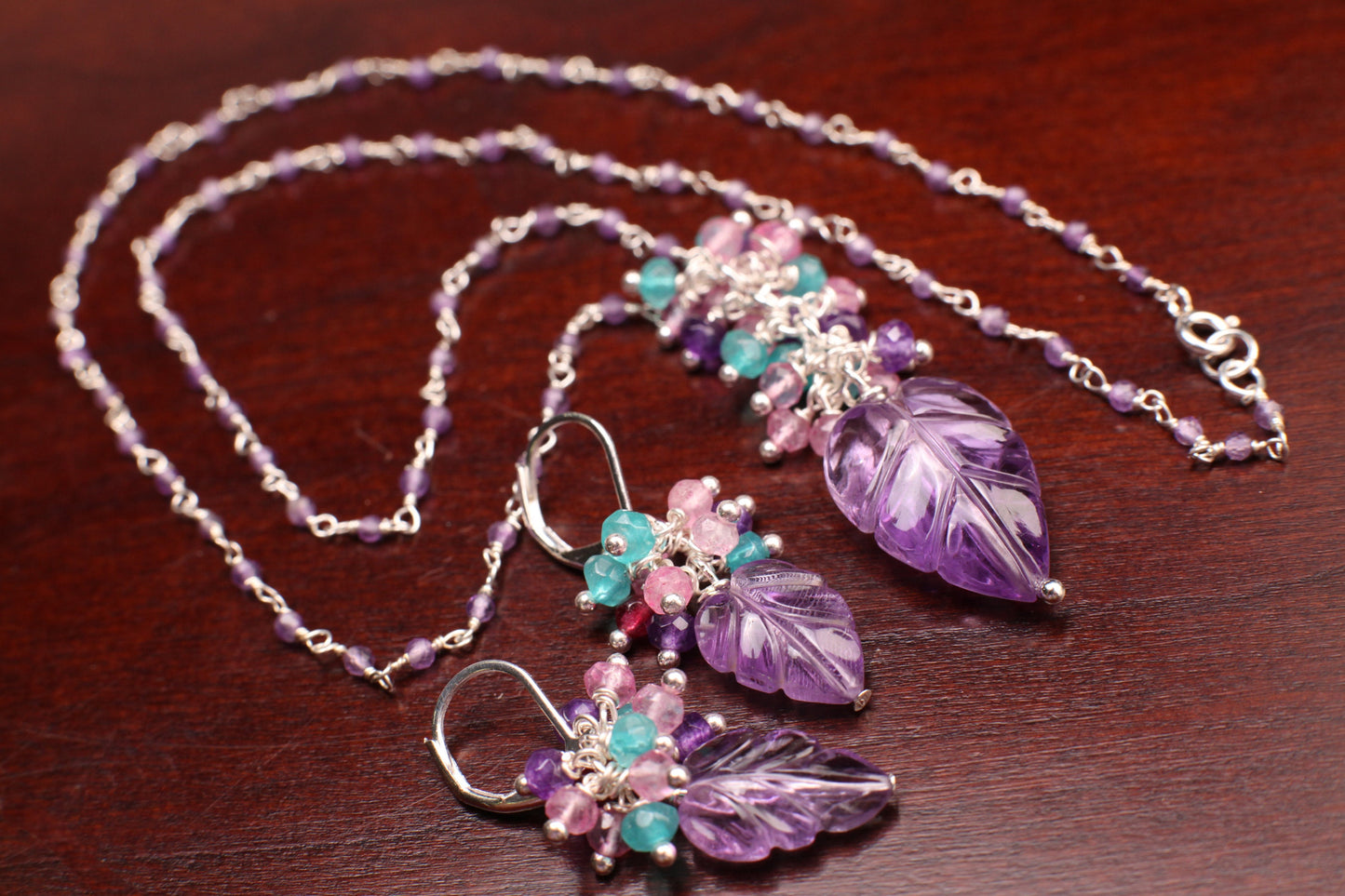 Carved Amethyst Leaf Pendant, Apatite, Garnet, Pink Topaz, Amethyst Clusters, 925 Sterling Silver Wire Wrapped Beaded Chain Necklace