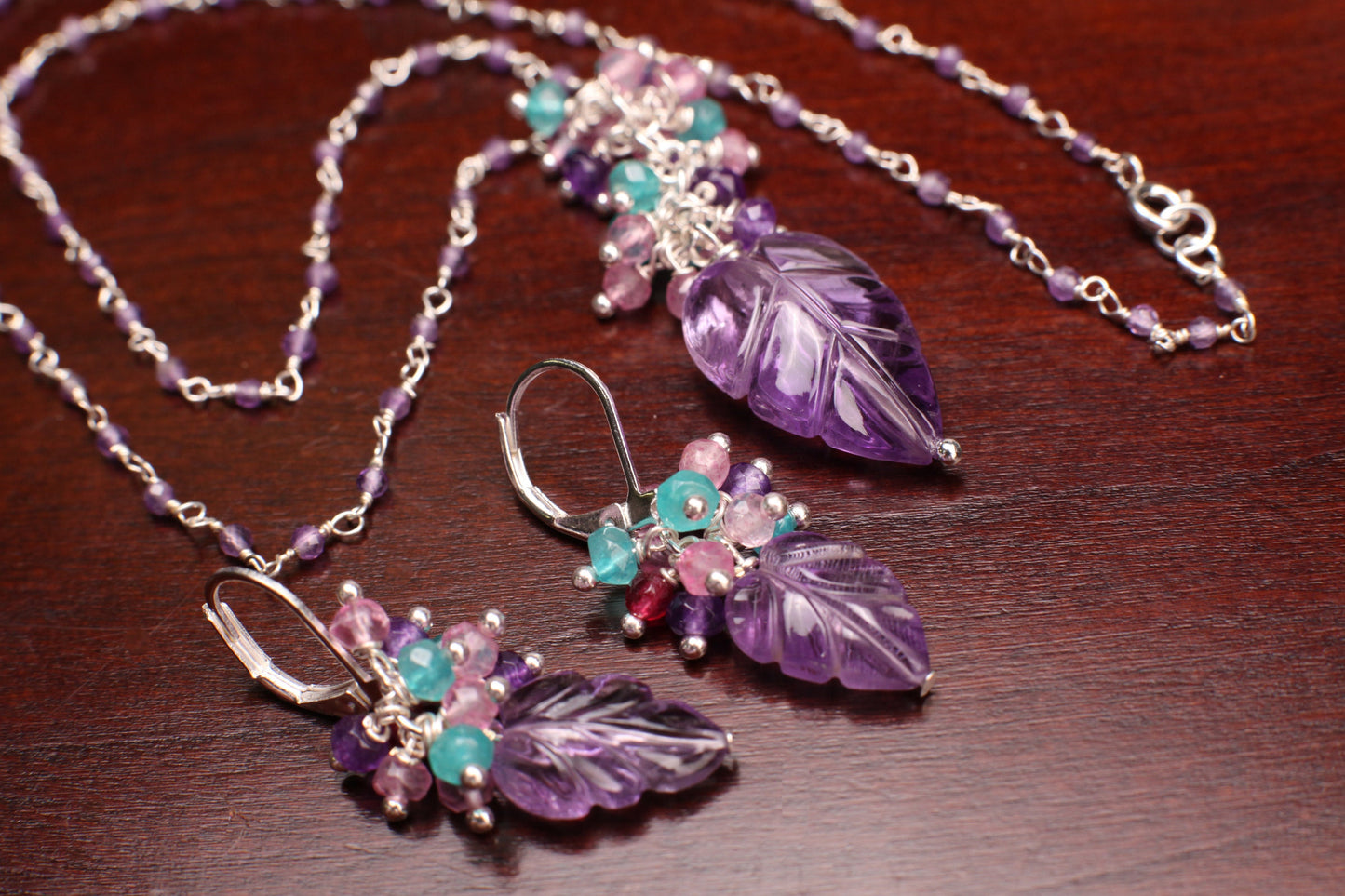 Carved Amethyst Leaf Pendant, Apatite, Garnet, Pink Topaz, Amethyst Clusters, 925 Sterling Silver Wire Wrapped Beaded Chain Necklace