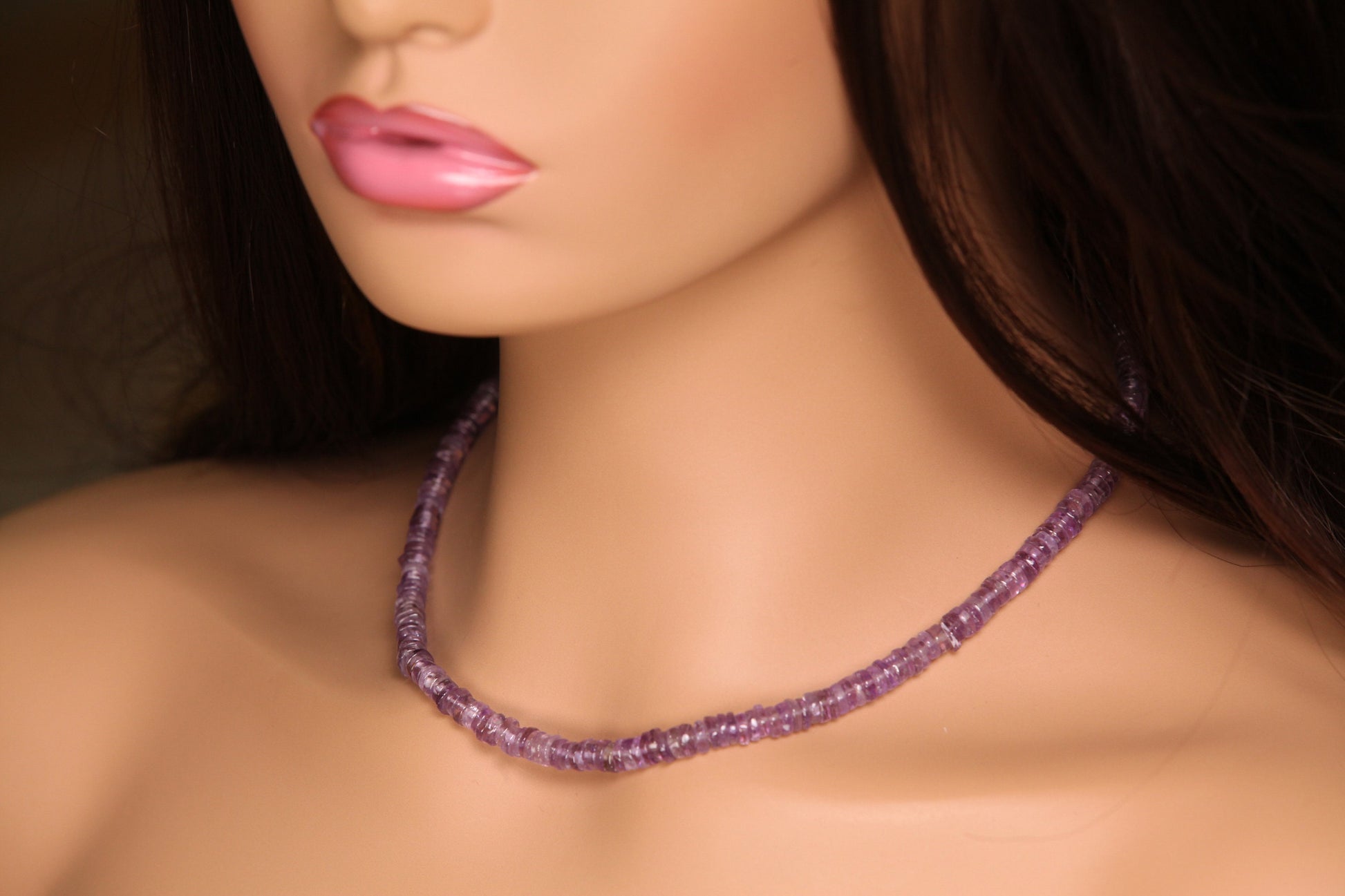 Natural Pink Amethyst Smooth Heishi 5.5-6mm gemstone silver necklace.Protection healing detoxifying gems